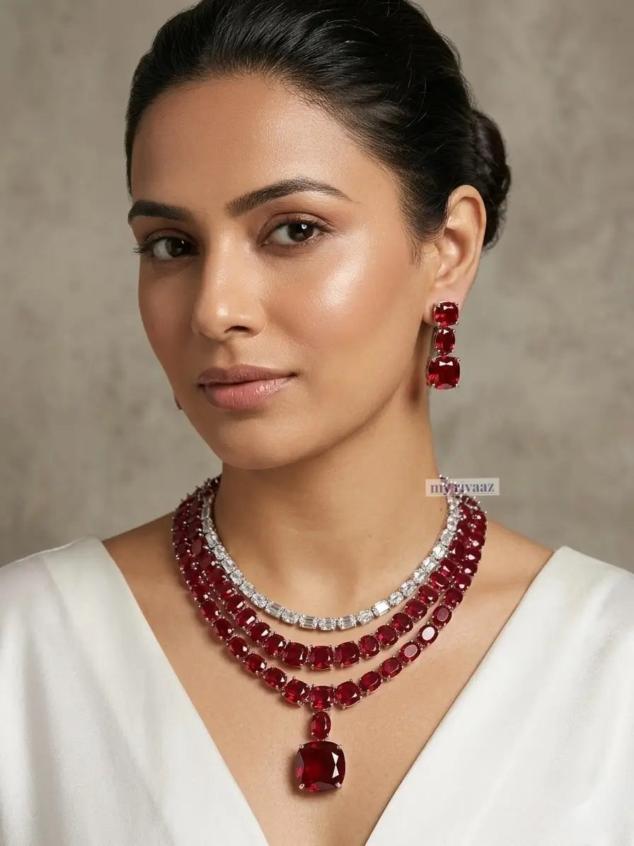 Crimson Royale Triple-Layer Ruby Necklace Set with Statement Drop