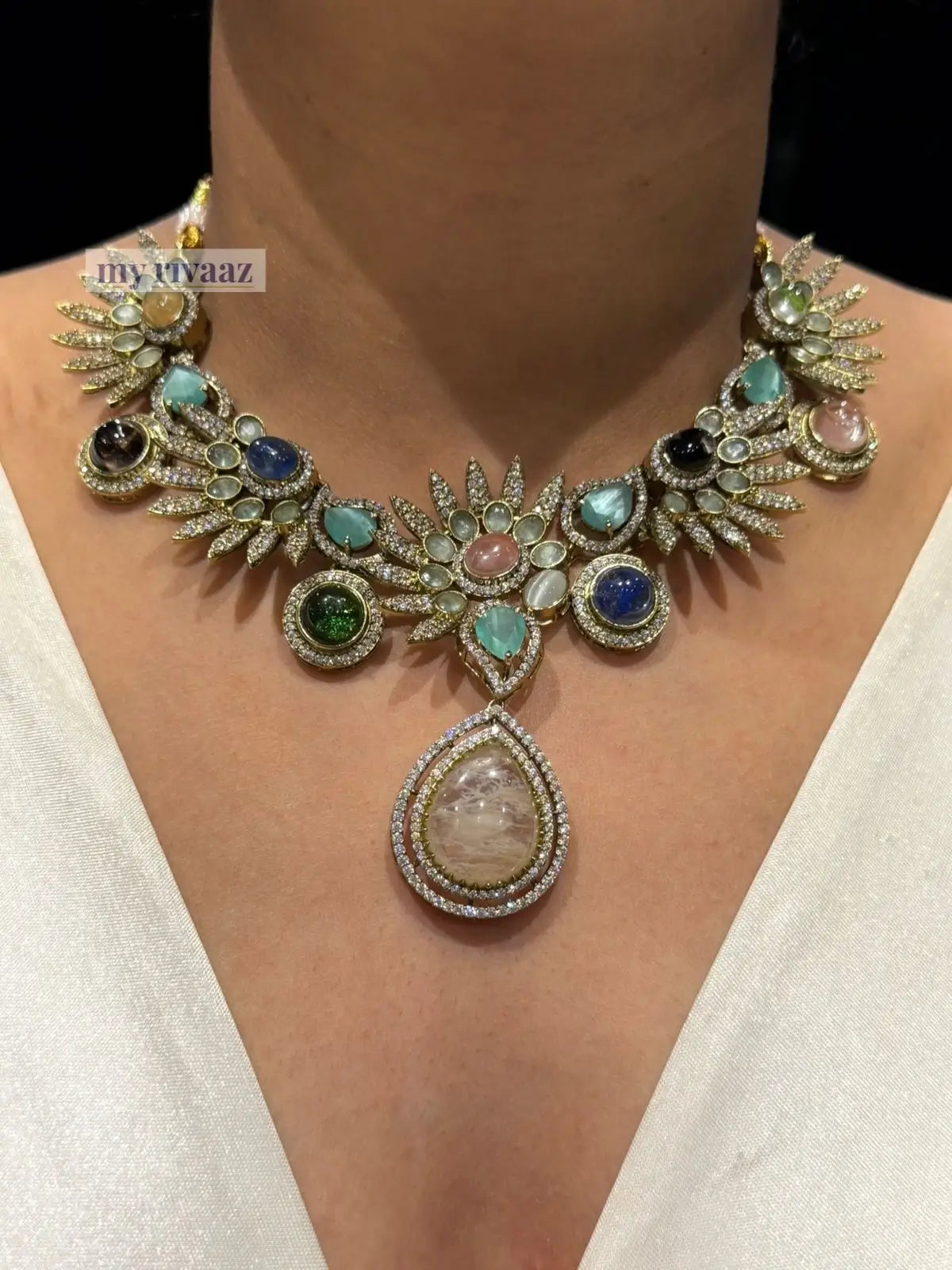 Sabhyata Cabochon Necklace Set – Multicolor Floral Statement Necklace with Ear Cuffs