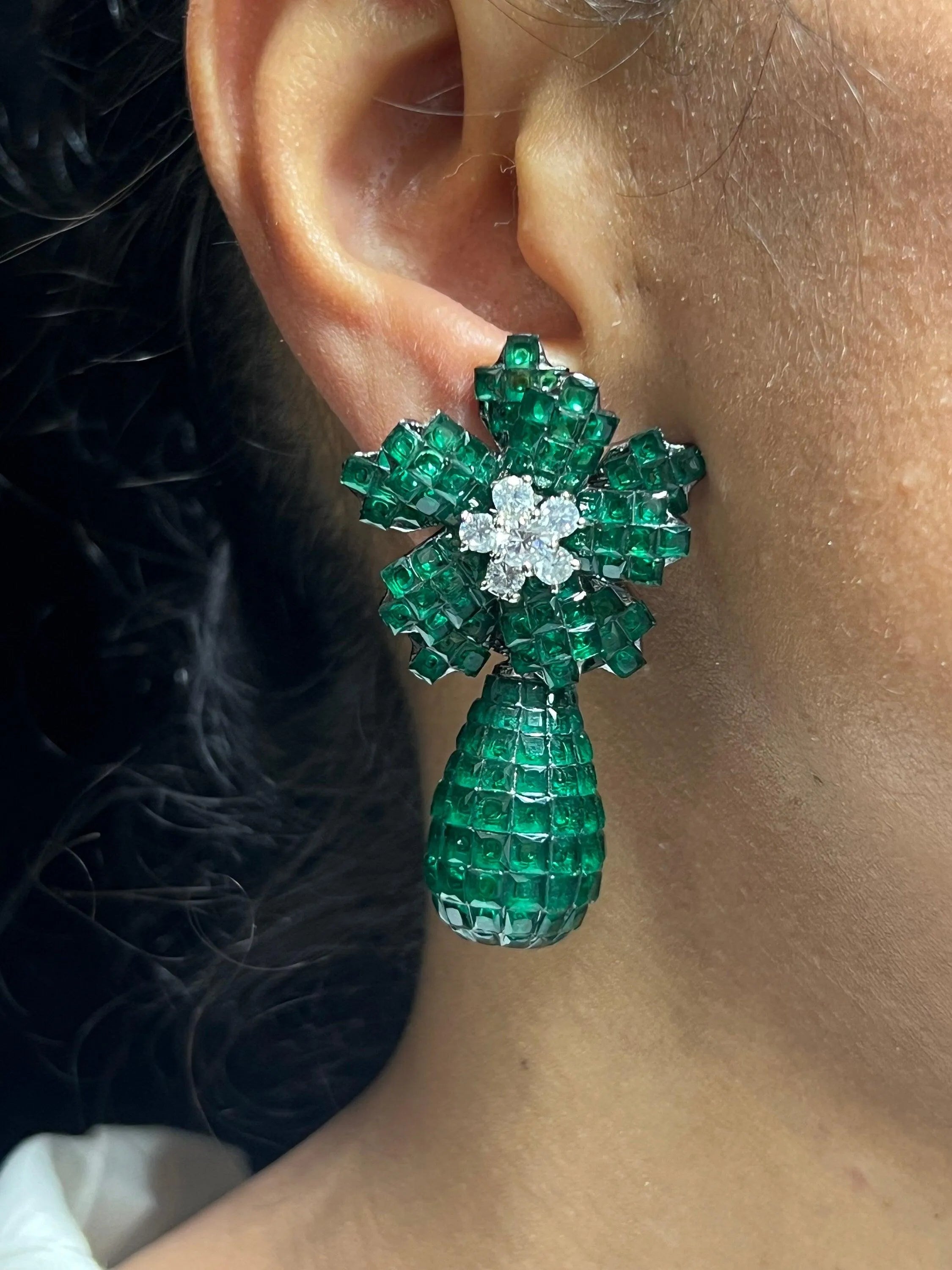Emerald Invisible Setting Diamond Earrings