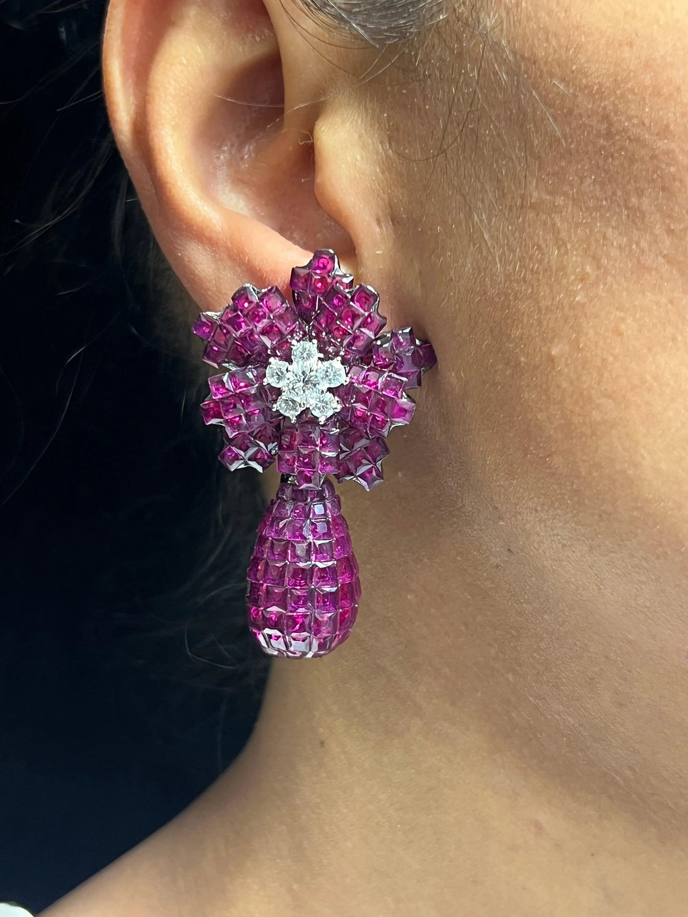 Ruby Invisible Setting Diamond Earrings