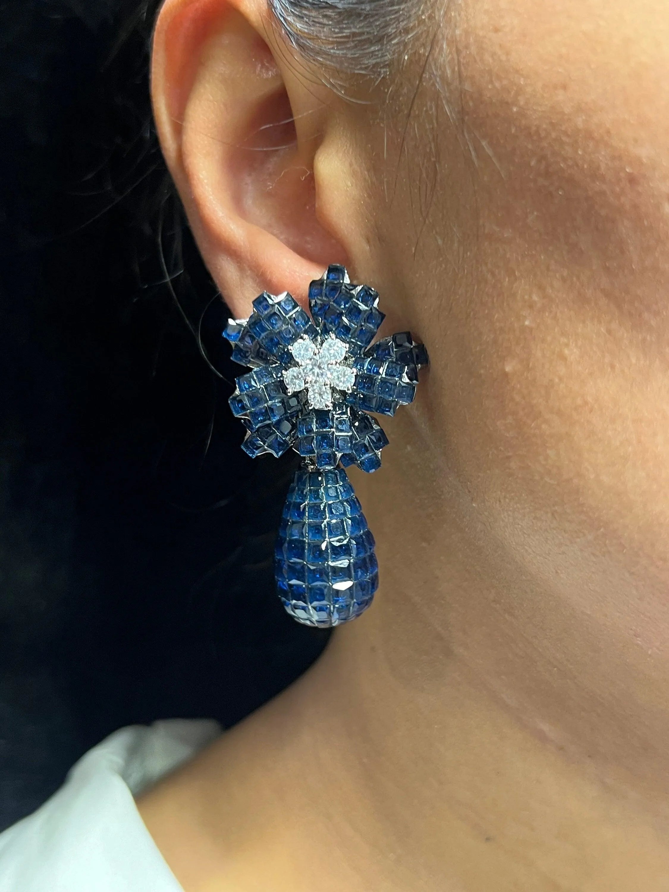 Sapphire Blue Invisible Setting Diamond Earrings
