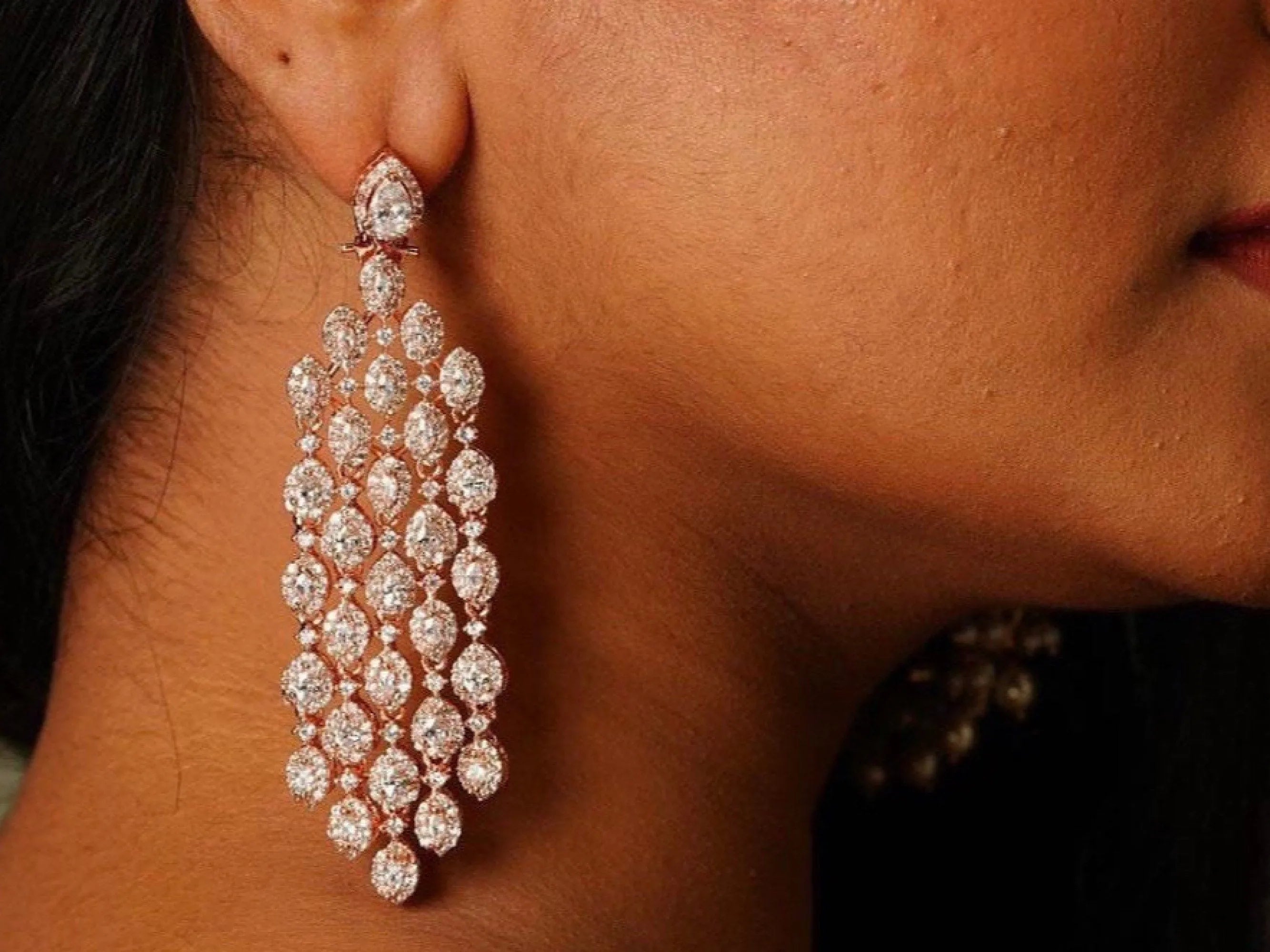 Sold Out Rose Gold Waterfall Diamond Earrings/Chaandbalis / Indian Earring / Indian Jewelry/ Pakistani Jewelry/ Bollywood Jewelry