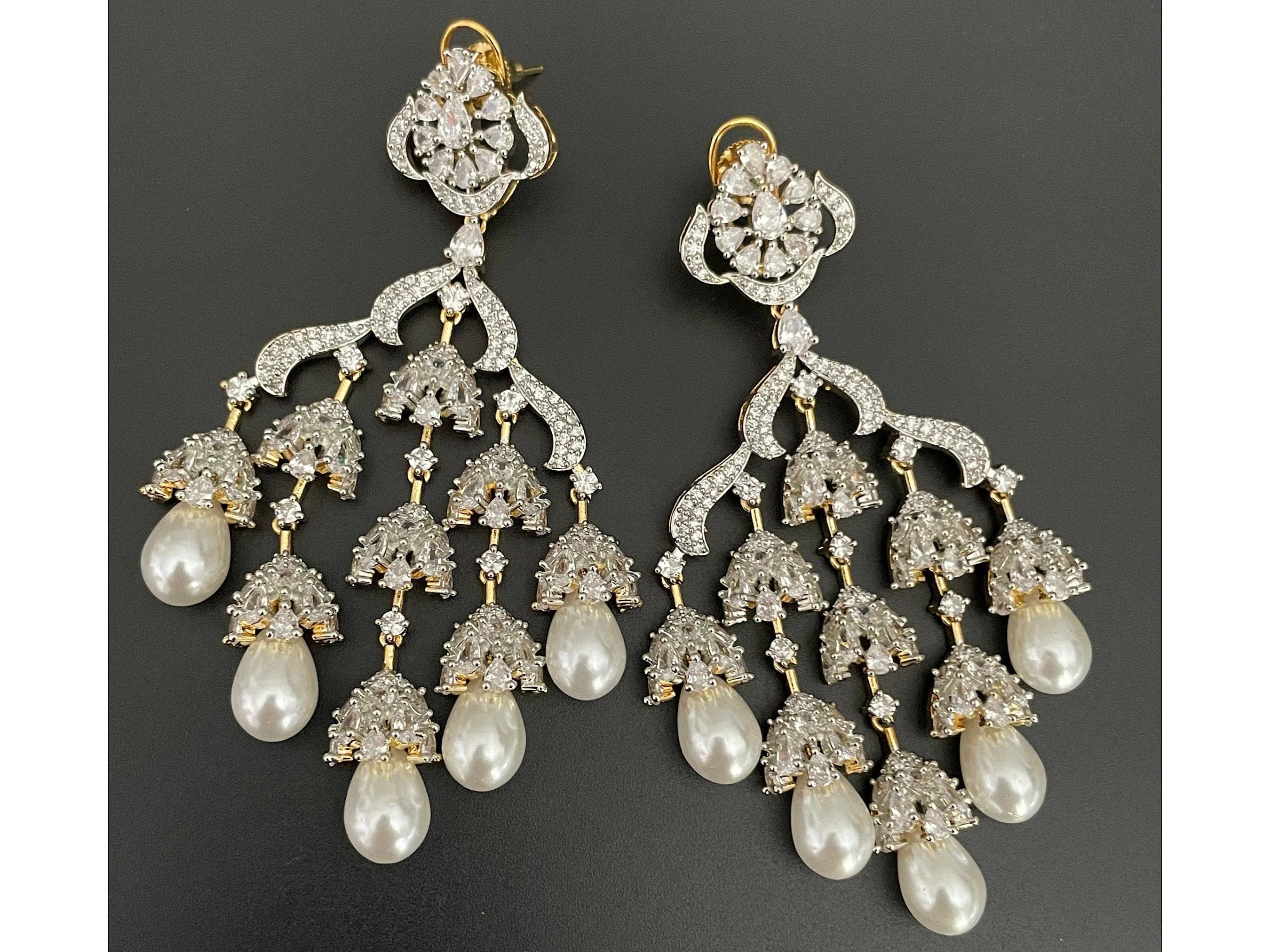 Stella Gold Diamond Pearl Chaandbali Earrings Gold Indian Earrings American Diamond Earring Punjabi Jewelry