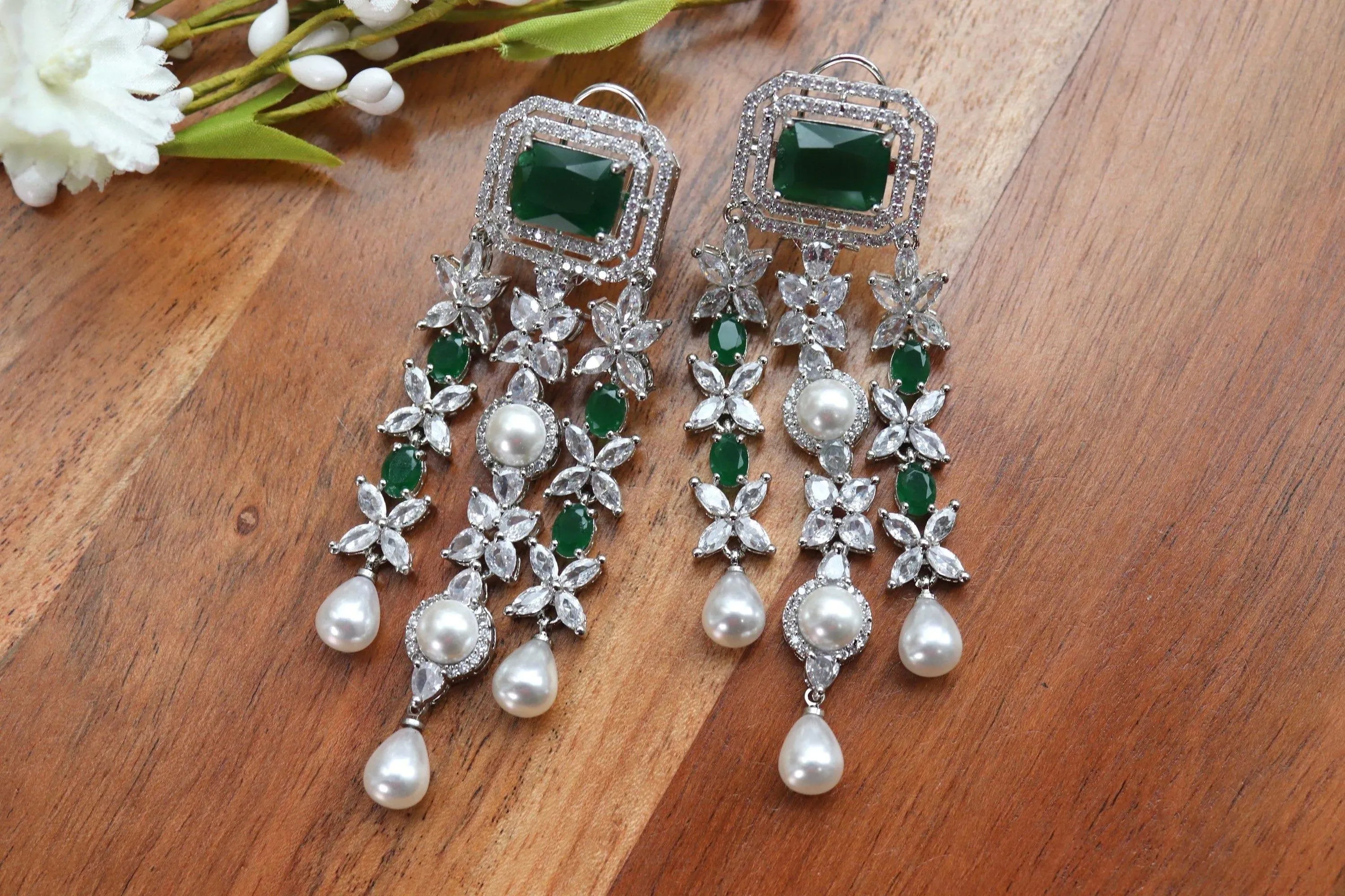 Vanya Emerald CZ Pearl Dangle Earrings