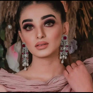 Vanya Ruby CZ Pearl Dangle Earrings