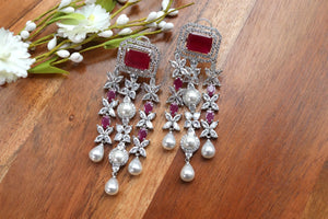 Vanya Ruby CZ Pearl Dangle Earrings