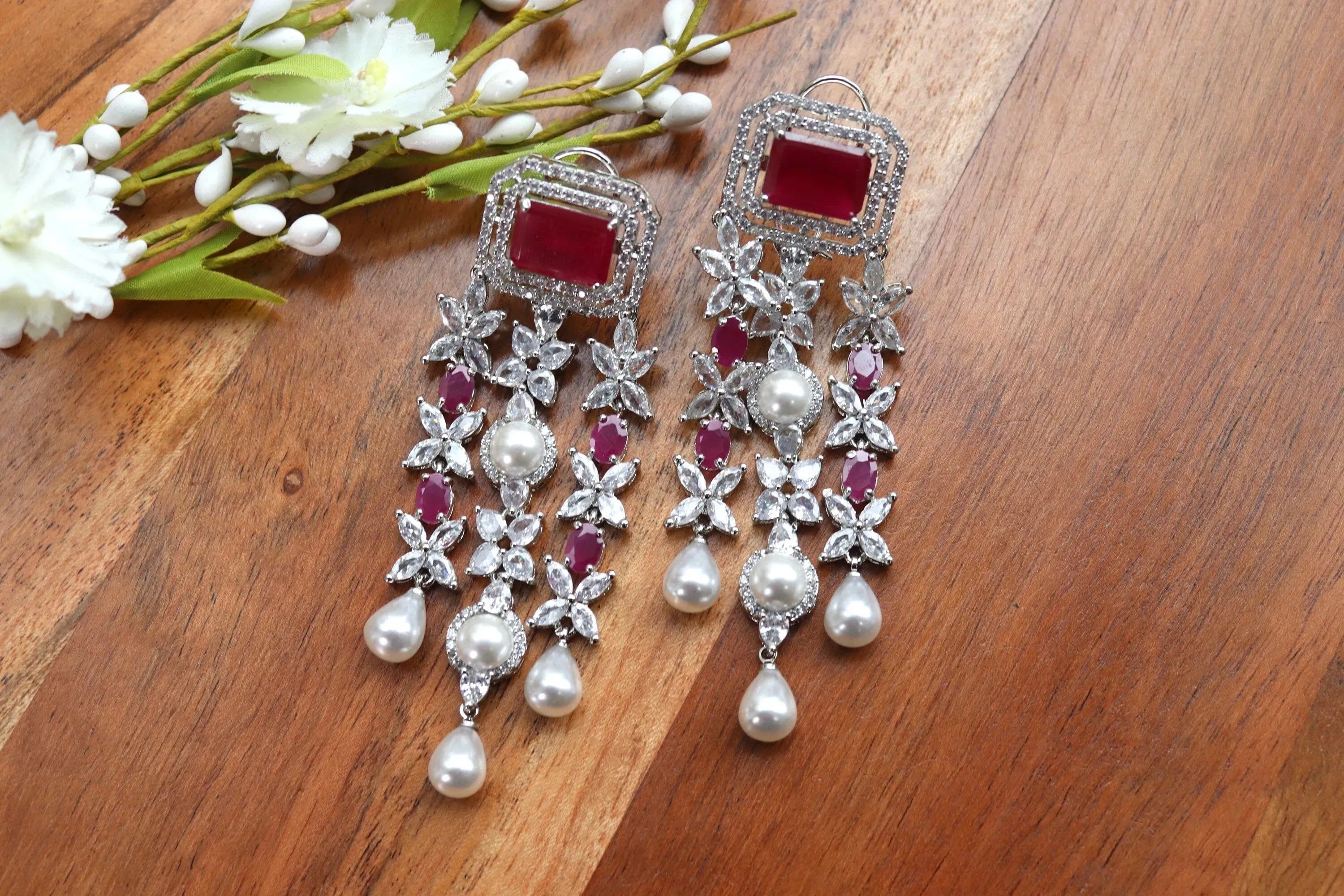 Vanya Ruby CZ Pearl Dangle Earrings