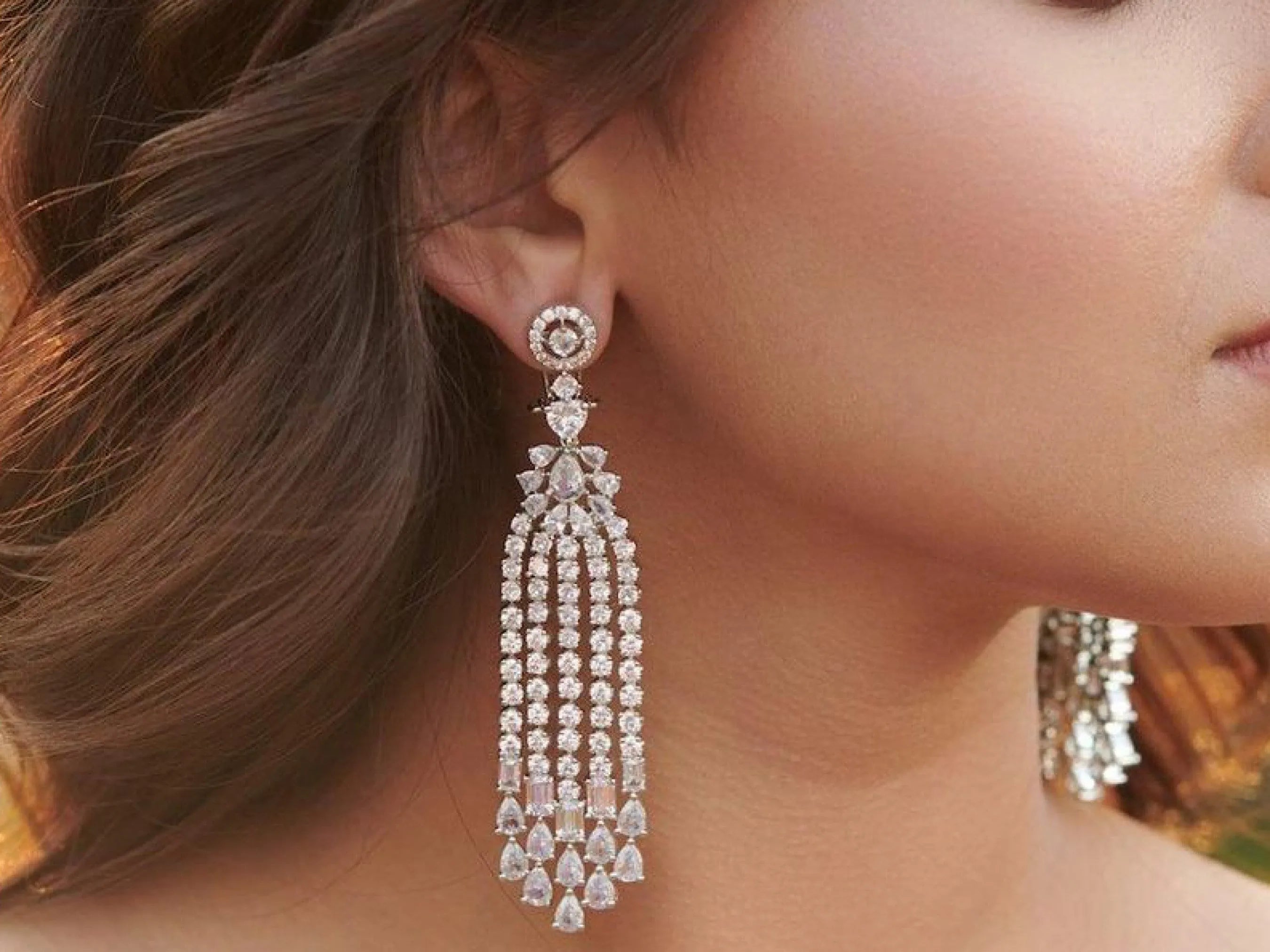 White Gold Waterfall CZ Earrings