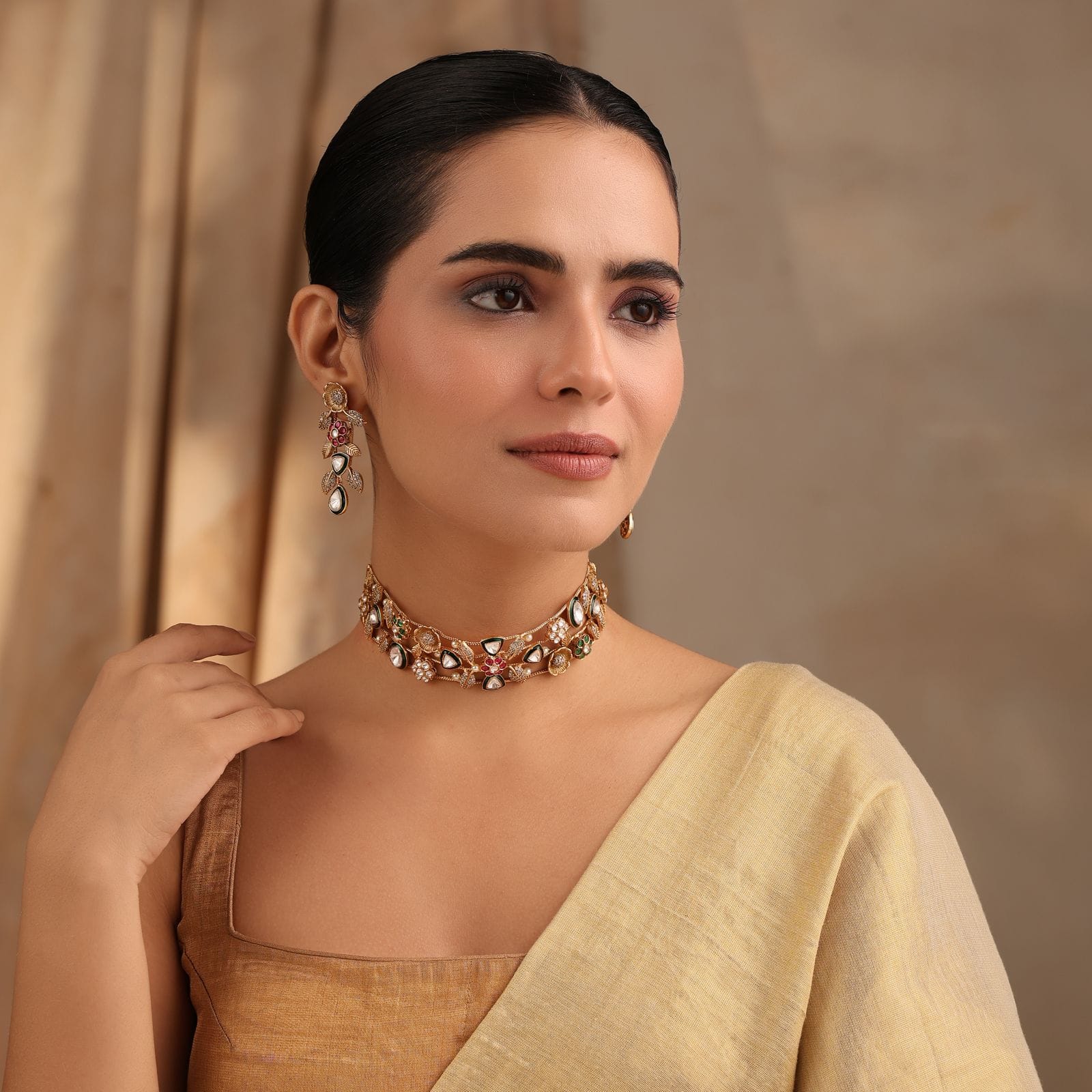 Eira Handmade Fusion Choker – Ruby & Emerald Statement Necklace with Earrings