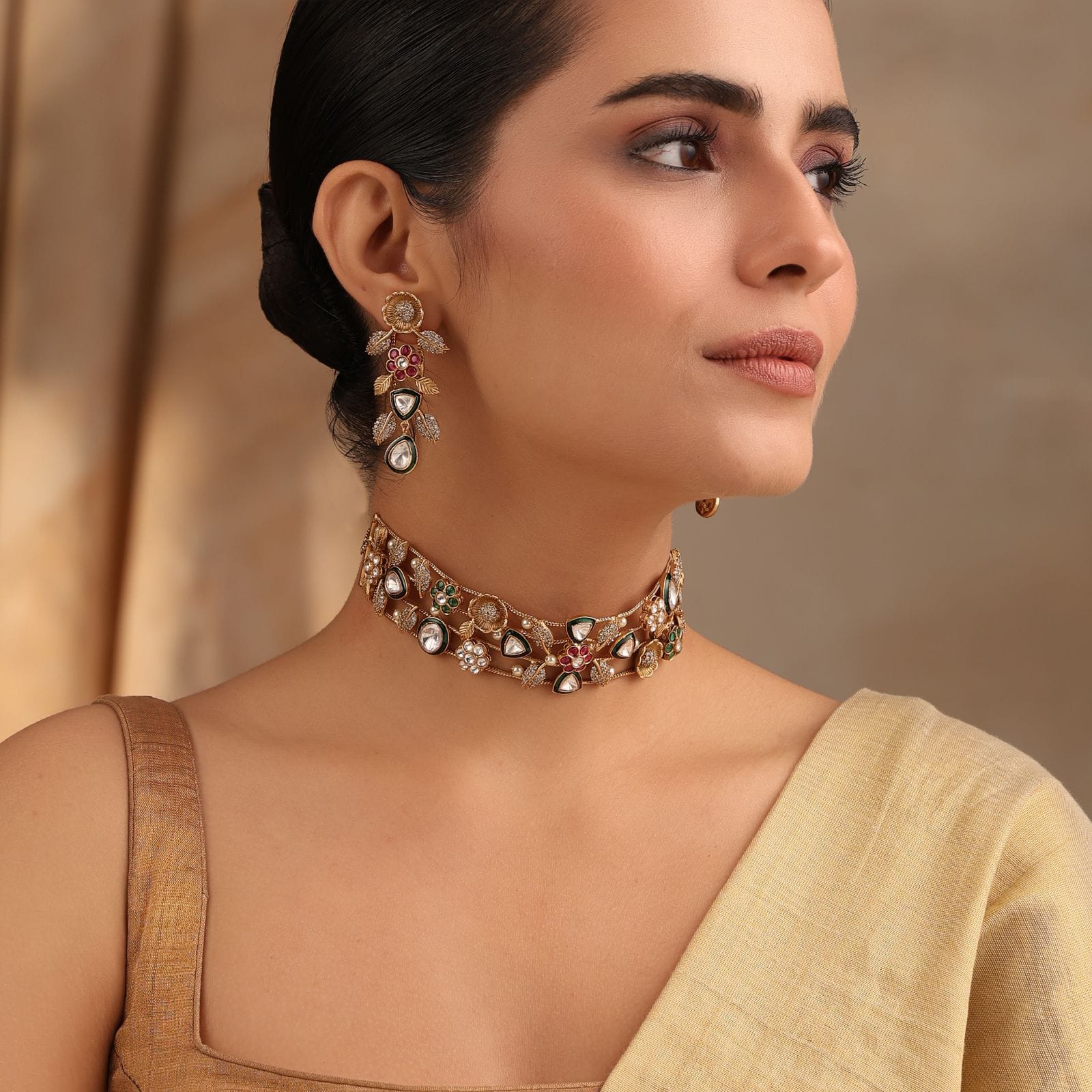 Eira Handmade Fusion Choker – Ruby & Emerald Statement Necklace with Earrings