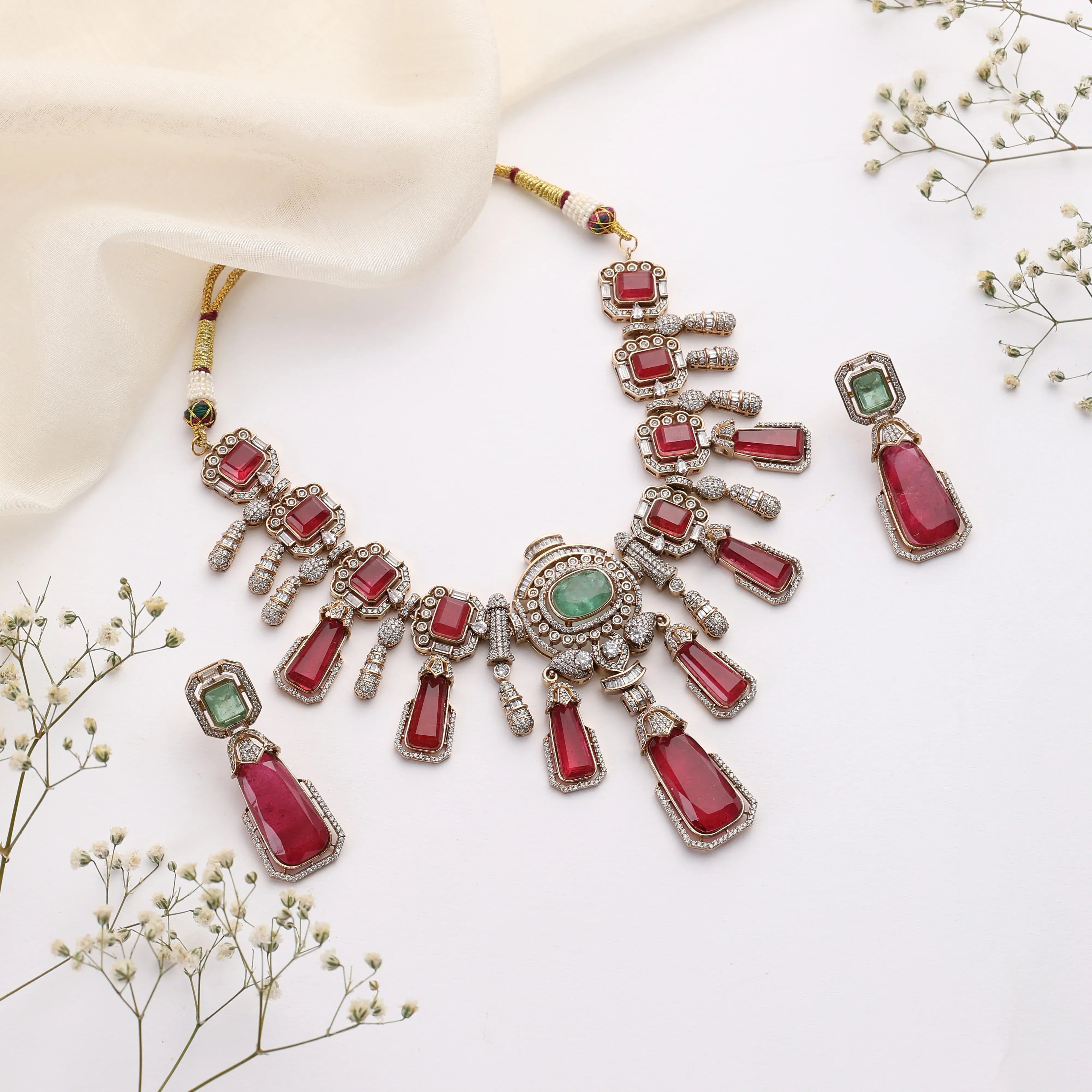 Elara Ruby Mint Doublets Royale Necklace Set