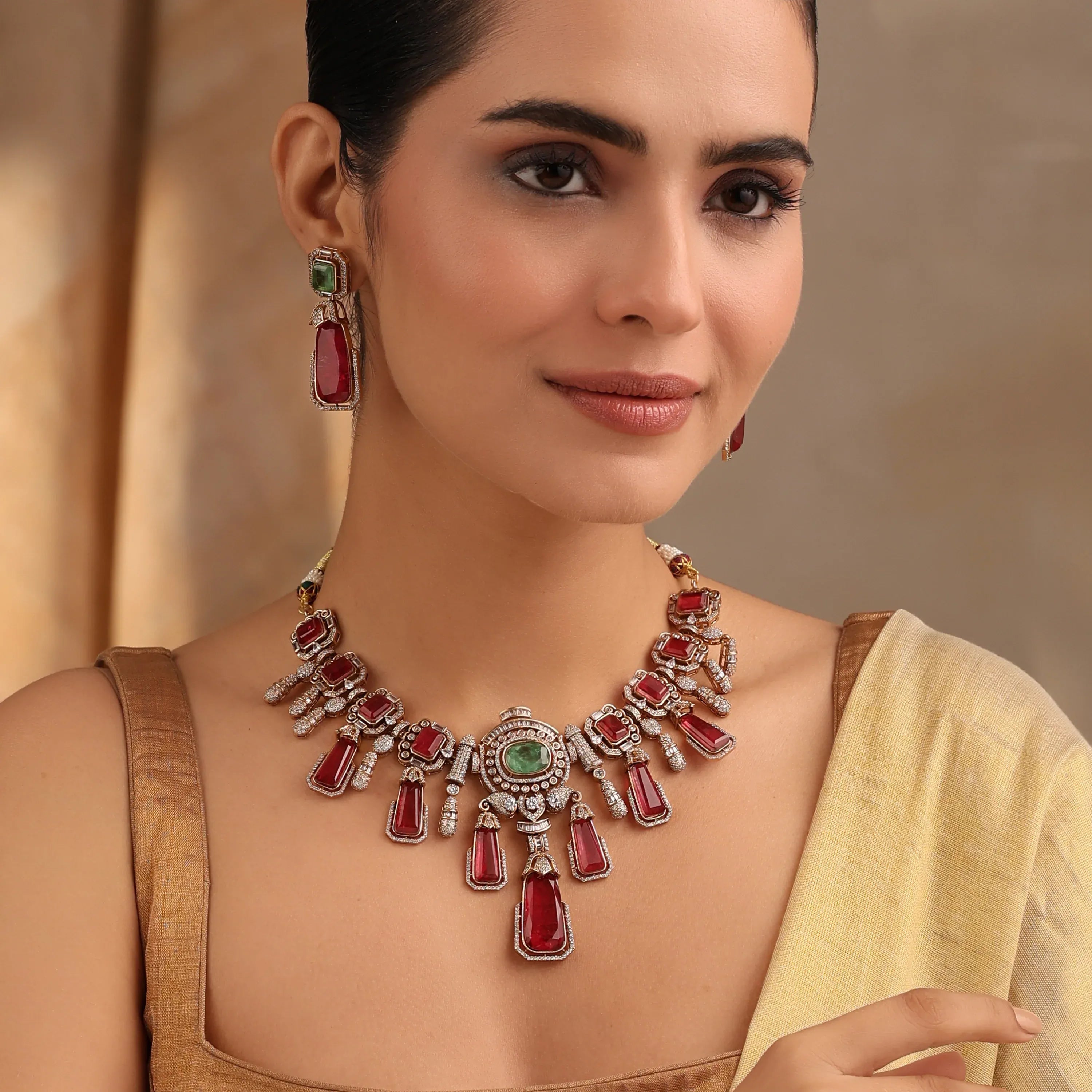 Elara Ruby Mint Doublets Royale Necklace Set