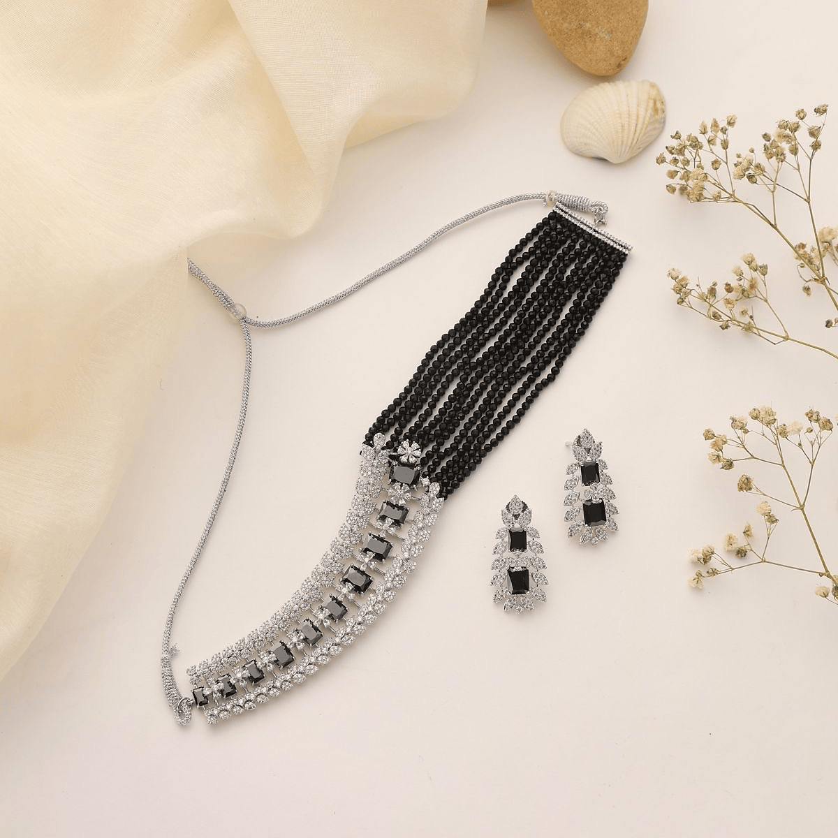 Elegant Black Bead CZ Necklace Set with Earrings – Silver Finish