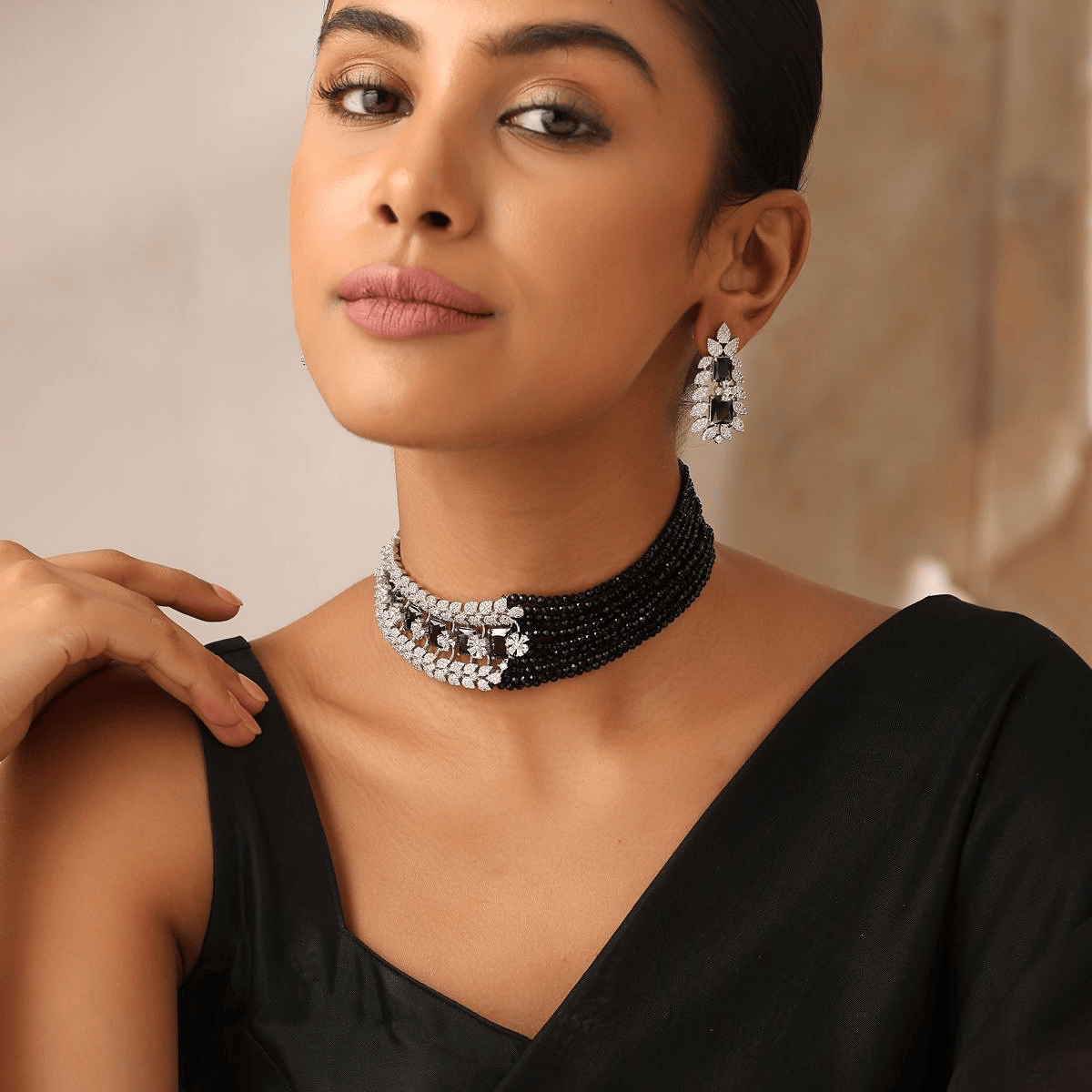 Elegant Black Bead CZ Necklace Set with Earrings – Silver Finish