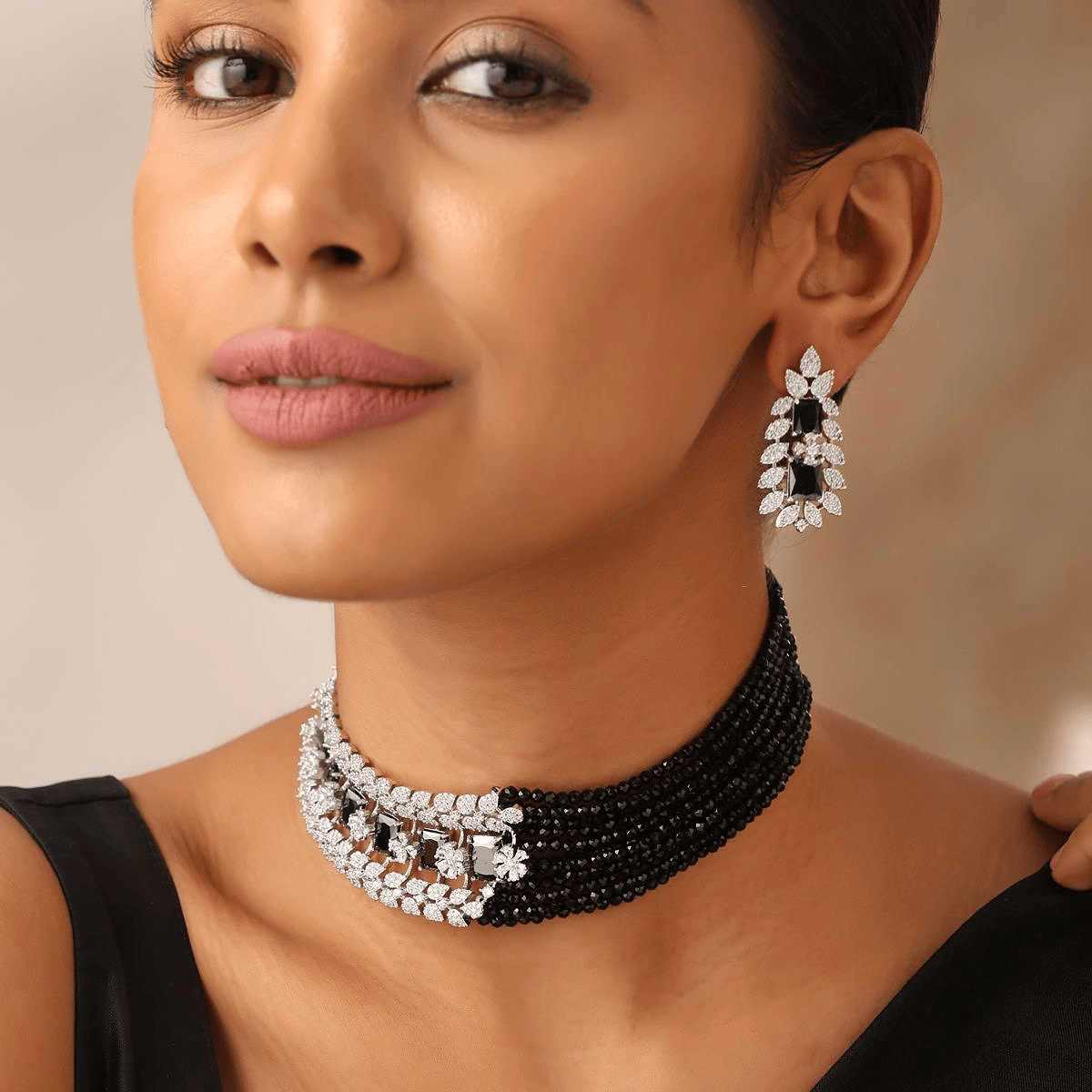 Elegant Black Bead CZ Necklace Set with Earrings – Silver Finish