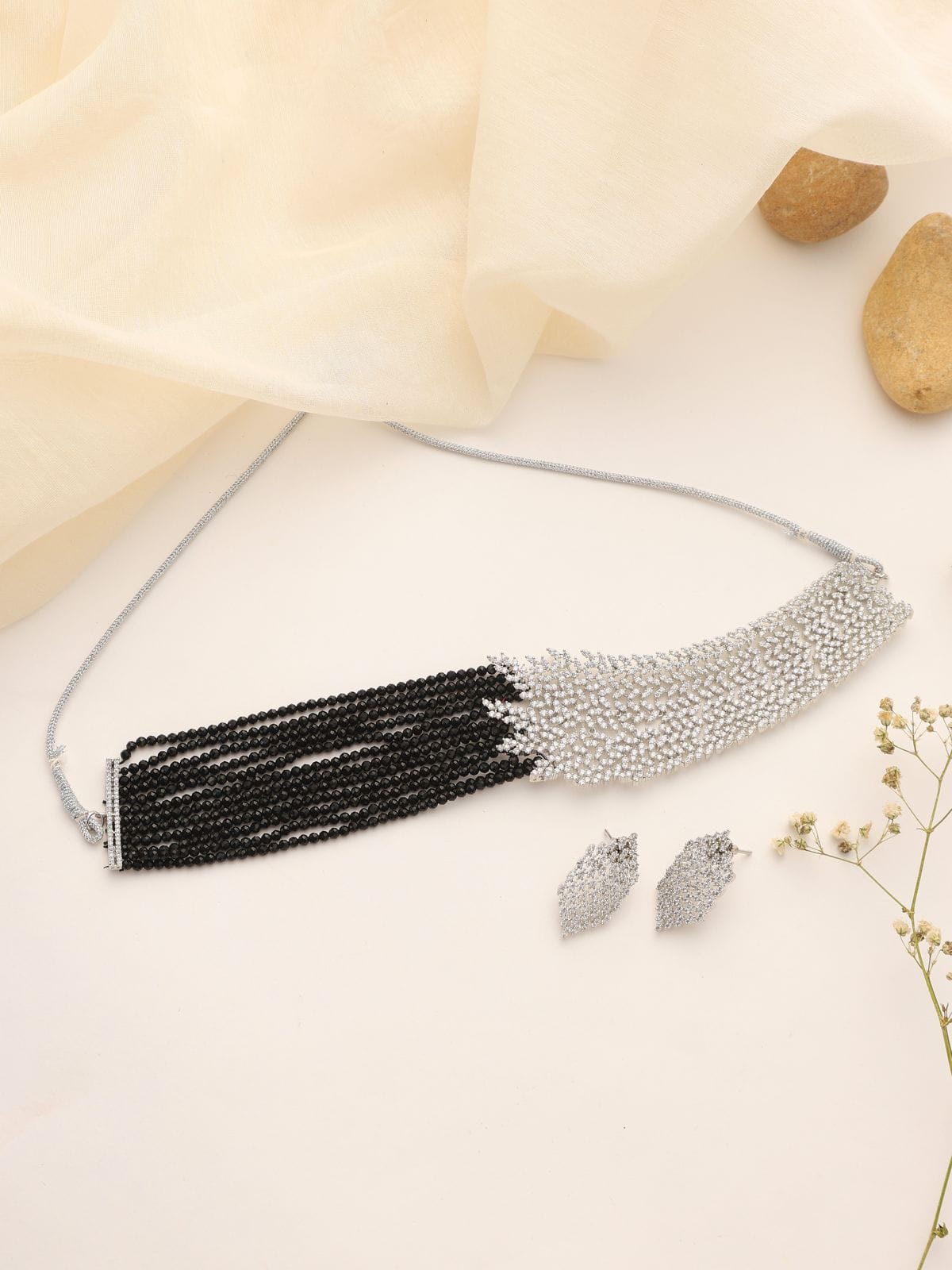 Elegant Cascade Black Bead CZ Necklace Set with Earrings – Silver Finish