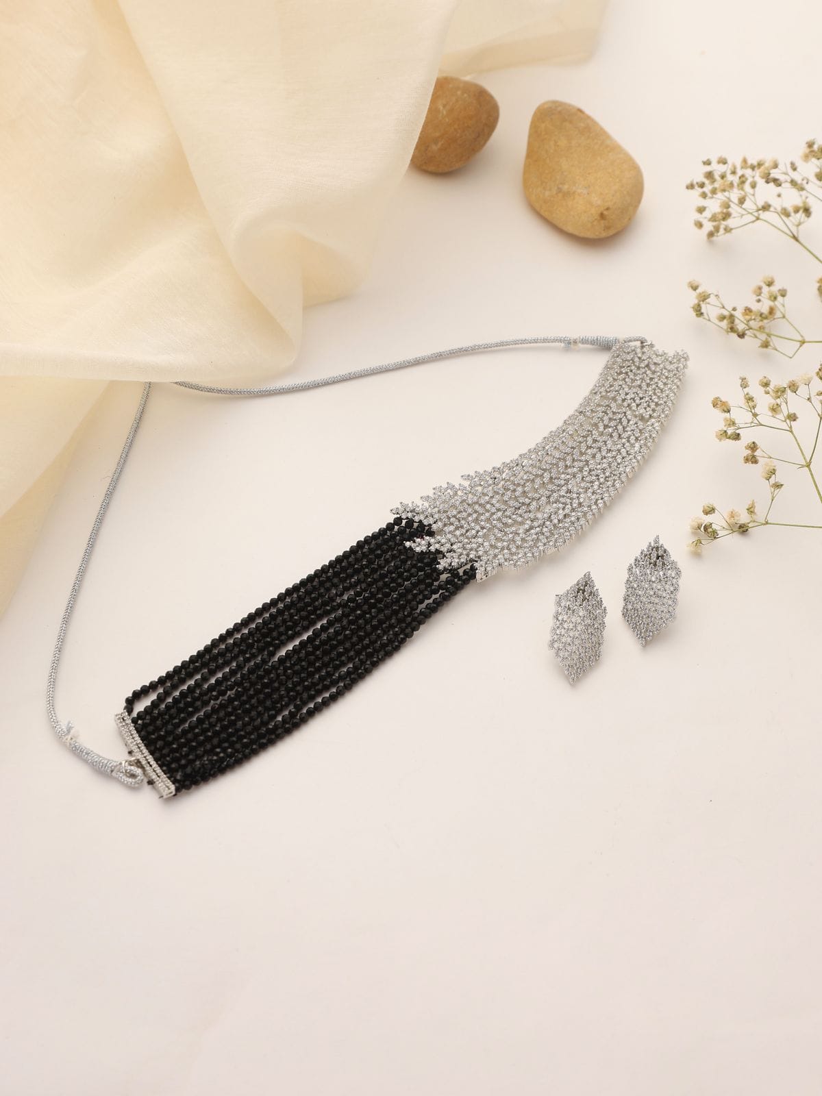Elegant Cascade Black Bead CZ Necklace Set with Earrings – Silver Finish