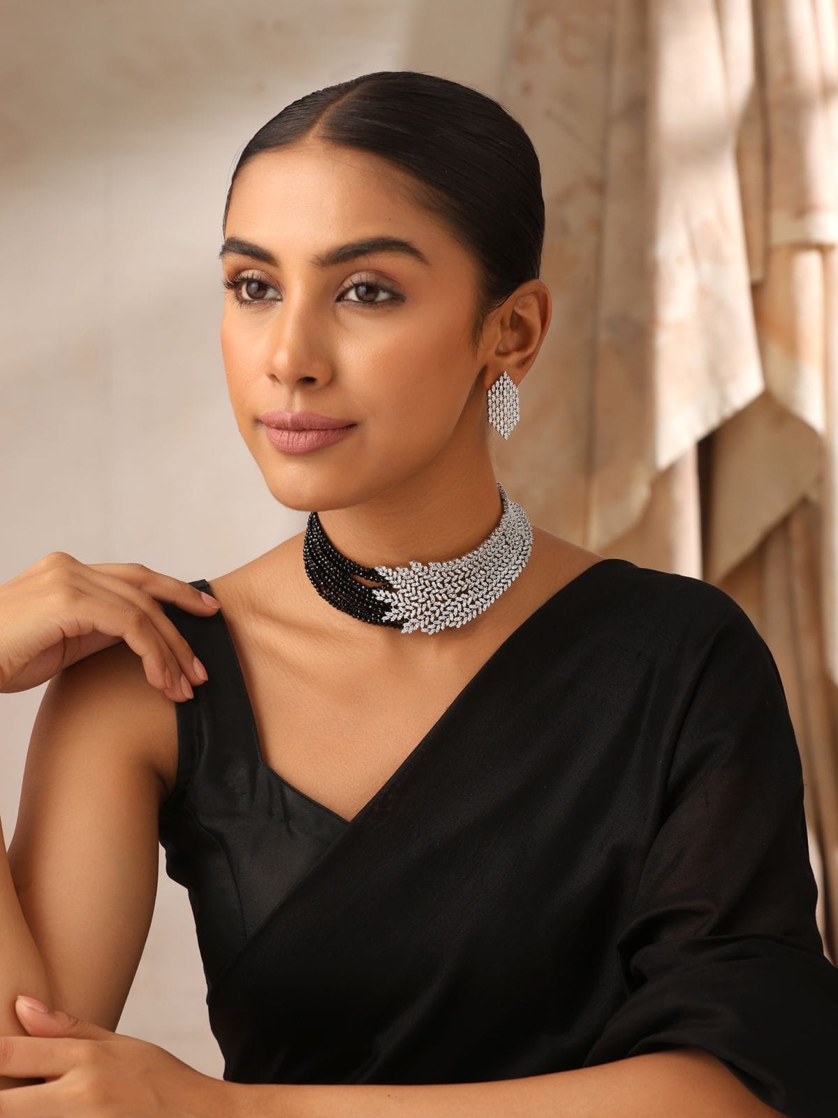 Elegant Cascade Black Bead CZ Necklace Set with Earrings – Silver Finish