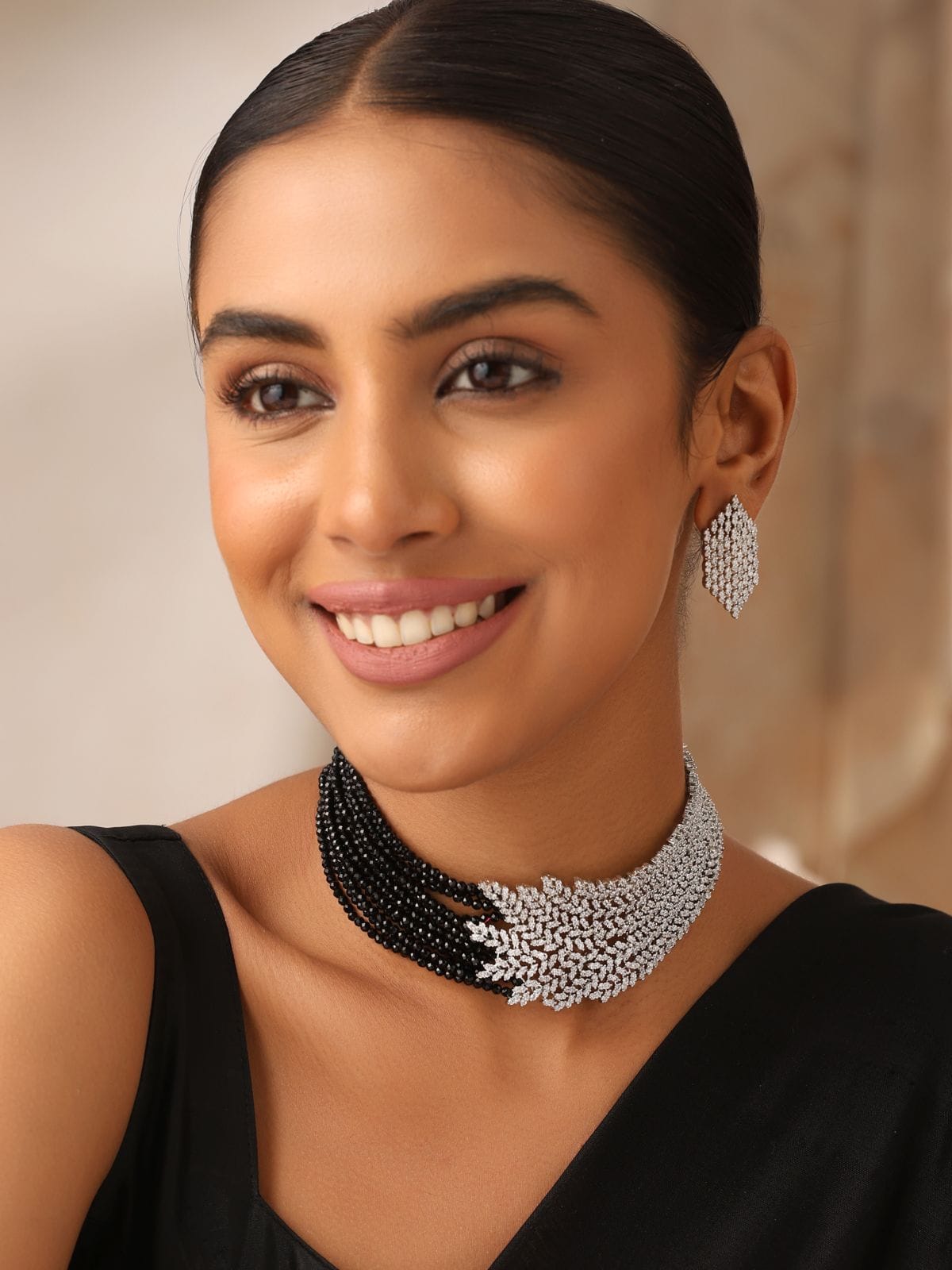 Elegant Cascade Black Bead CZ Necklace Set with Earrings – Silver Finish