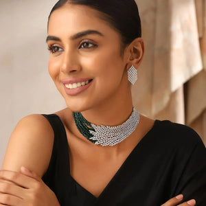 Emerald Cascade CZ Choker Necklace with Earrings – Statement Green & Diamond Finish Set