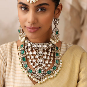 Emerald Doublet Kundan Bridal Necklace Set with Pearls