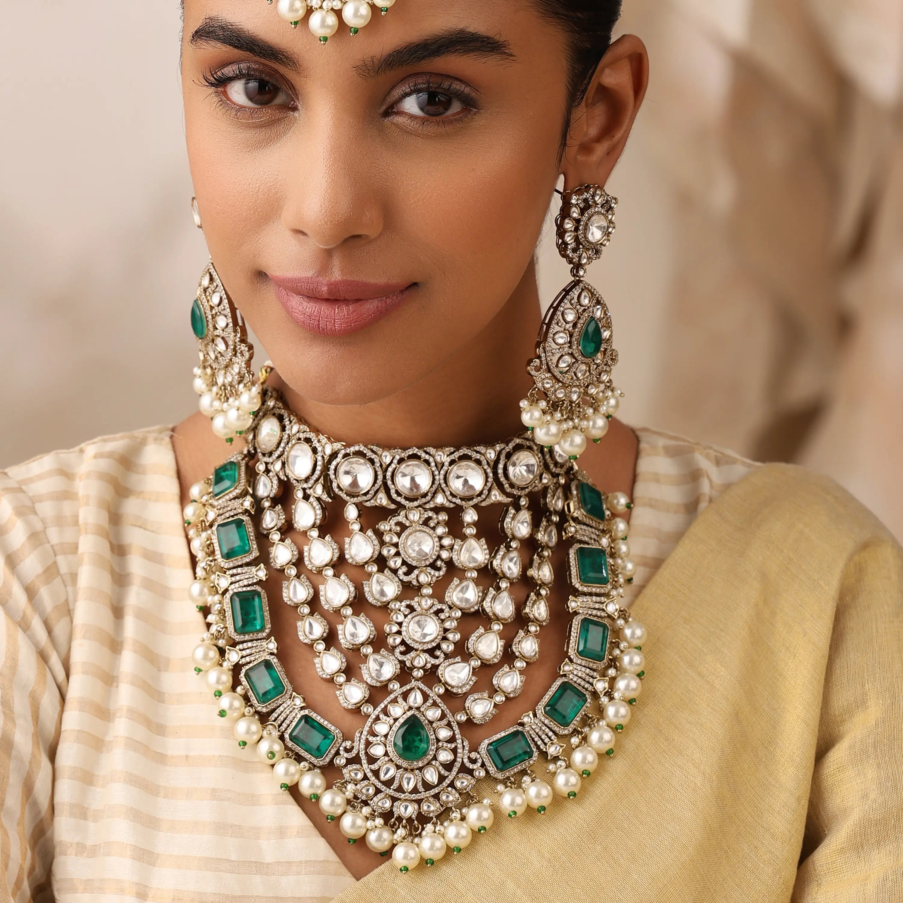 Emerald Doublet Kundan Bridal Necklace Set with Pearls