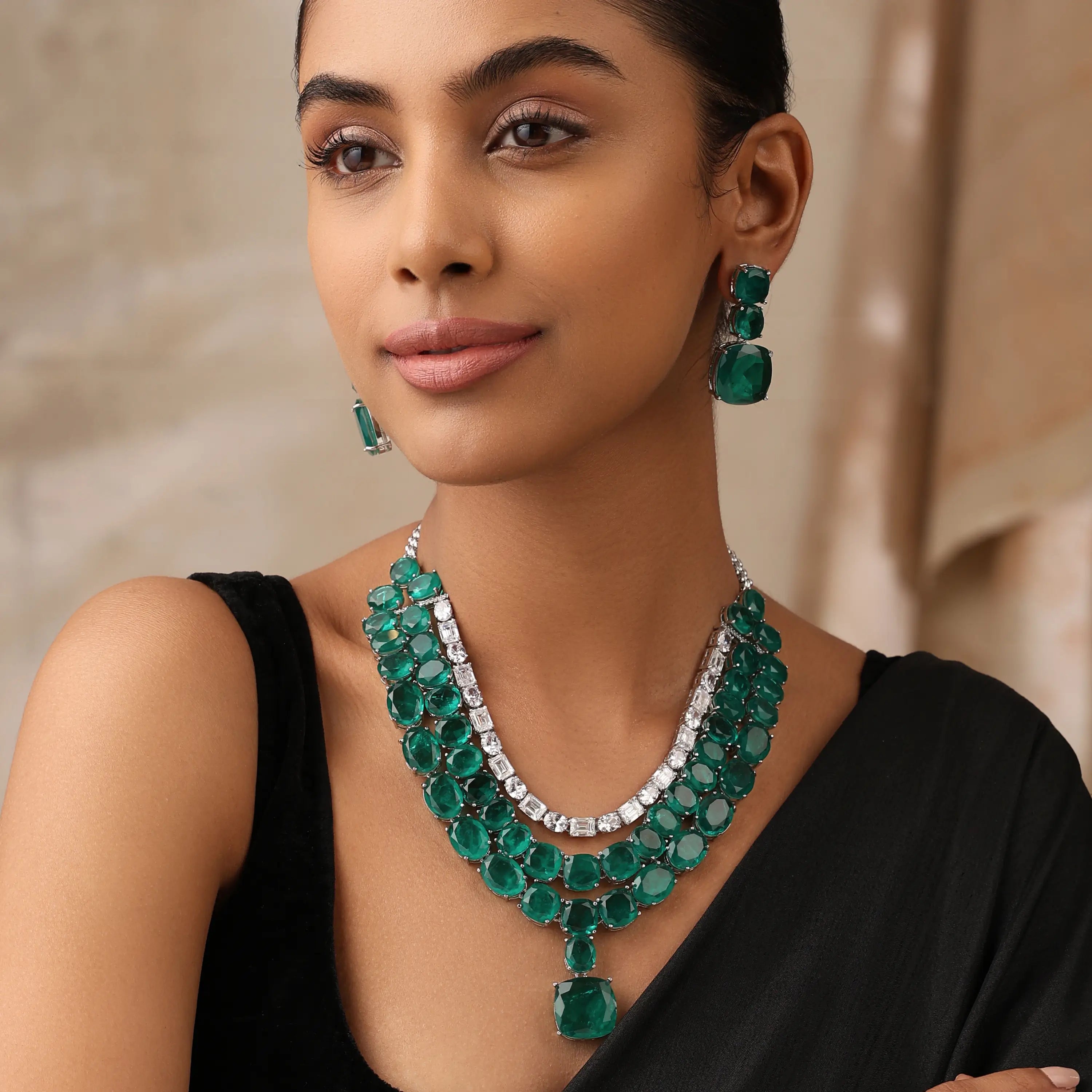 Emerald Doublet Three-Layer Necklace Set with Baguette CZ & Matching Earrings