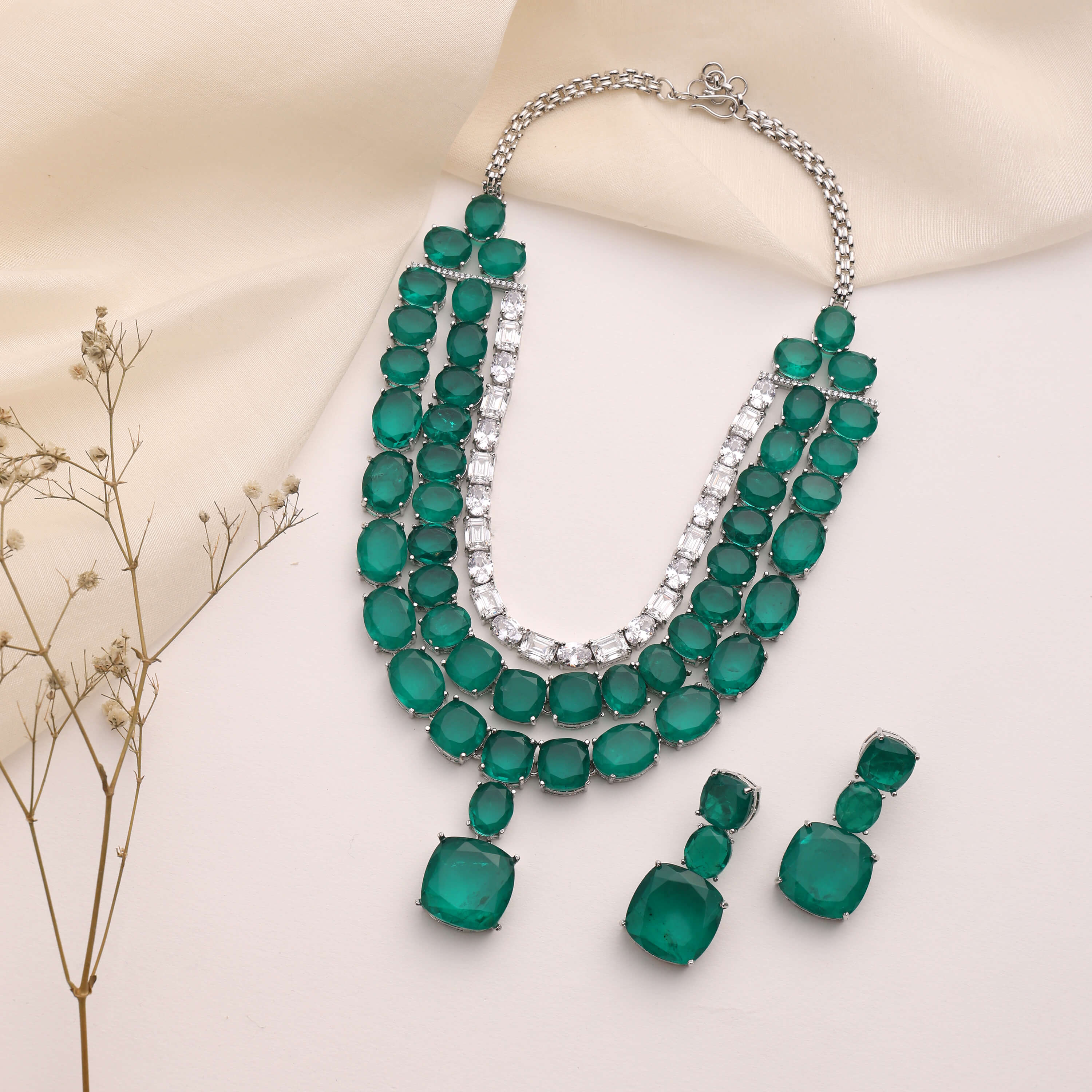 Emerald Doublet Three-Layer Necklace Set with Baguette CZ & Matching Earrings