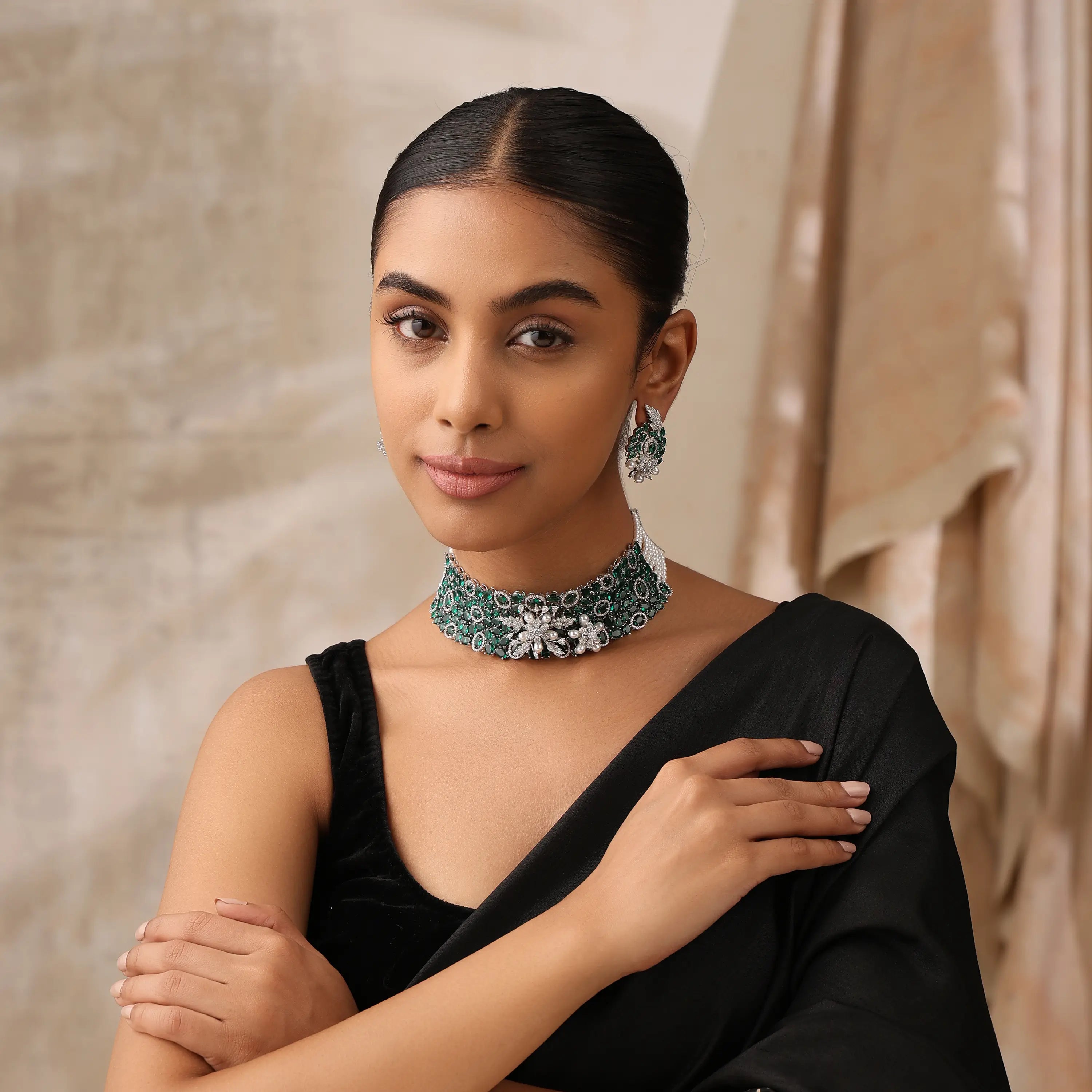 Emerald Floral CZ Choker Set with Earrings