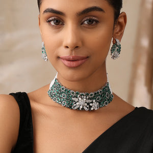 Emerald Floral CZ Choker Set with Earrings