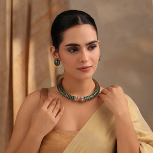 Emerald Radiance Collar Necklace with Ruby Studs in Antique Gold Polish