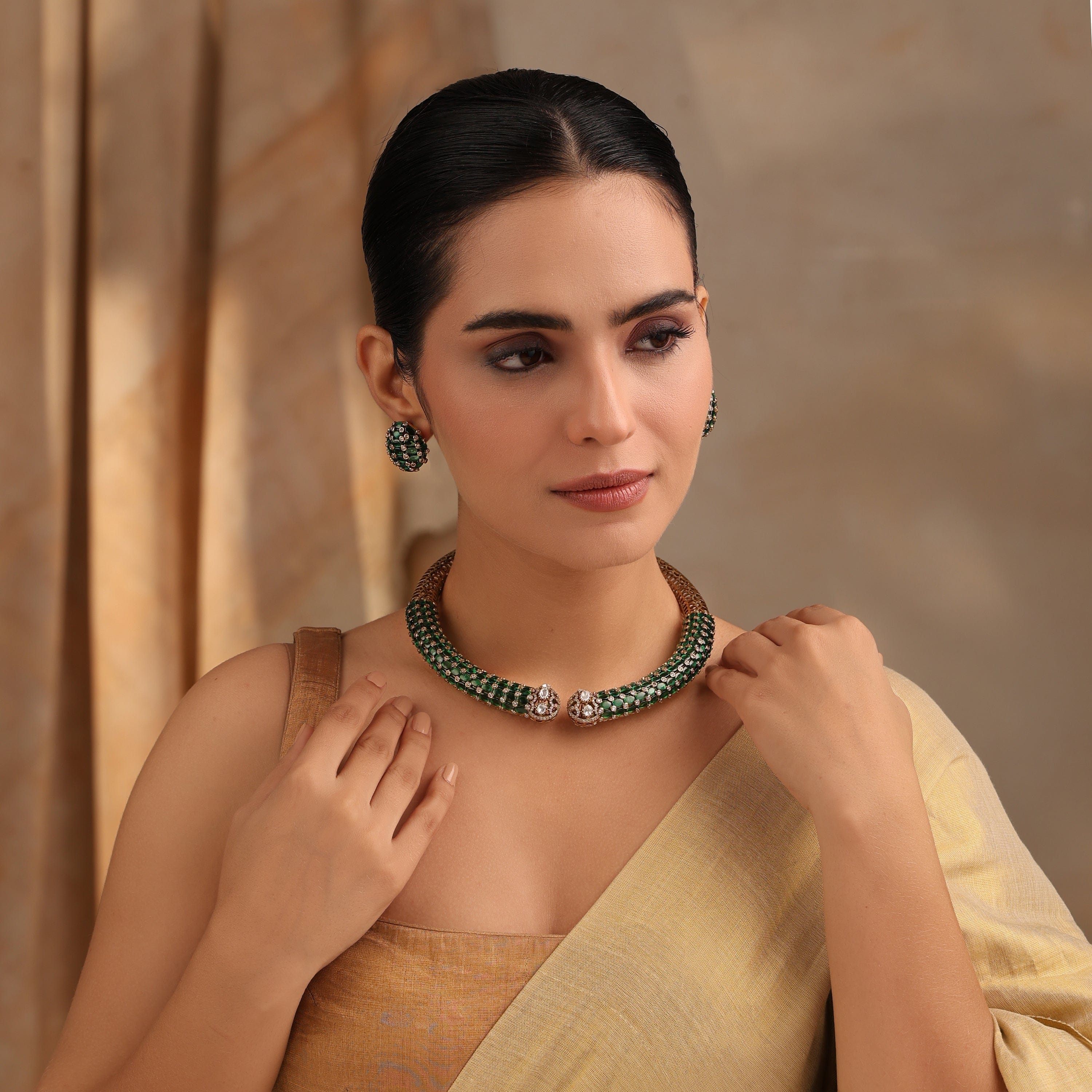 Emerald Radiance Collar Necklace with Ruby Studs in Antique Gold Polish
