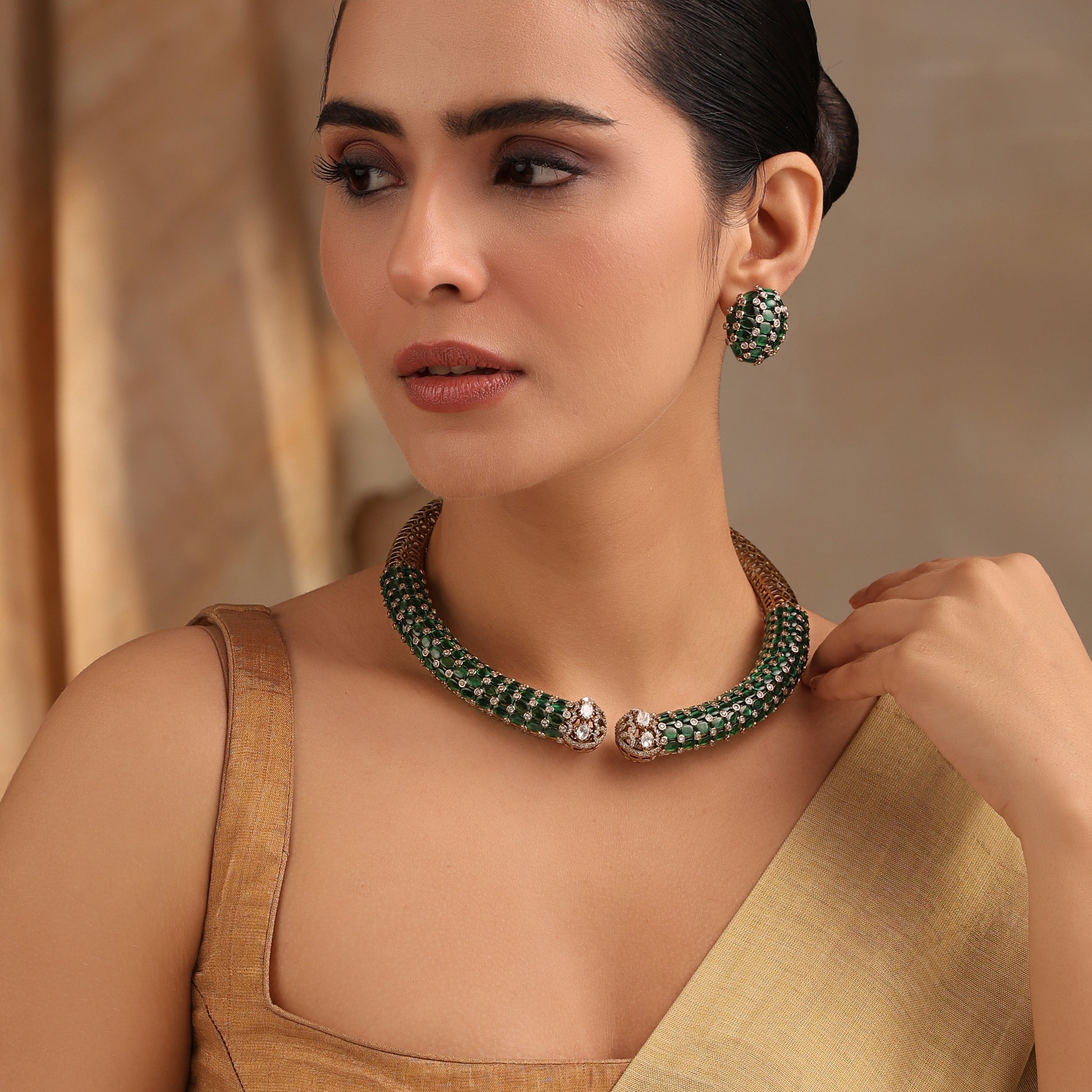 Emerald Radiance Collar Necklace with Ruby Studs in Antique Gold Polish