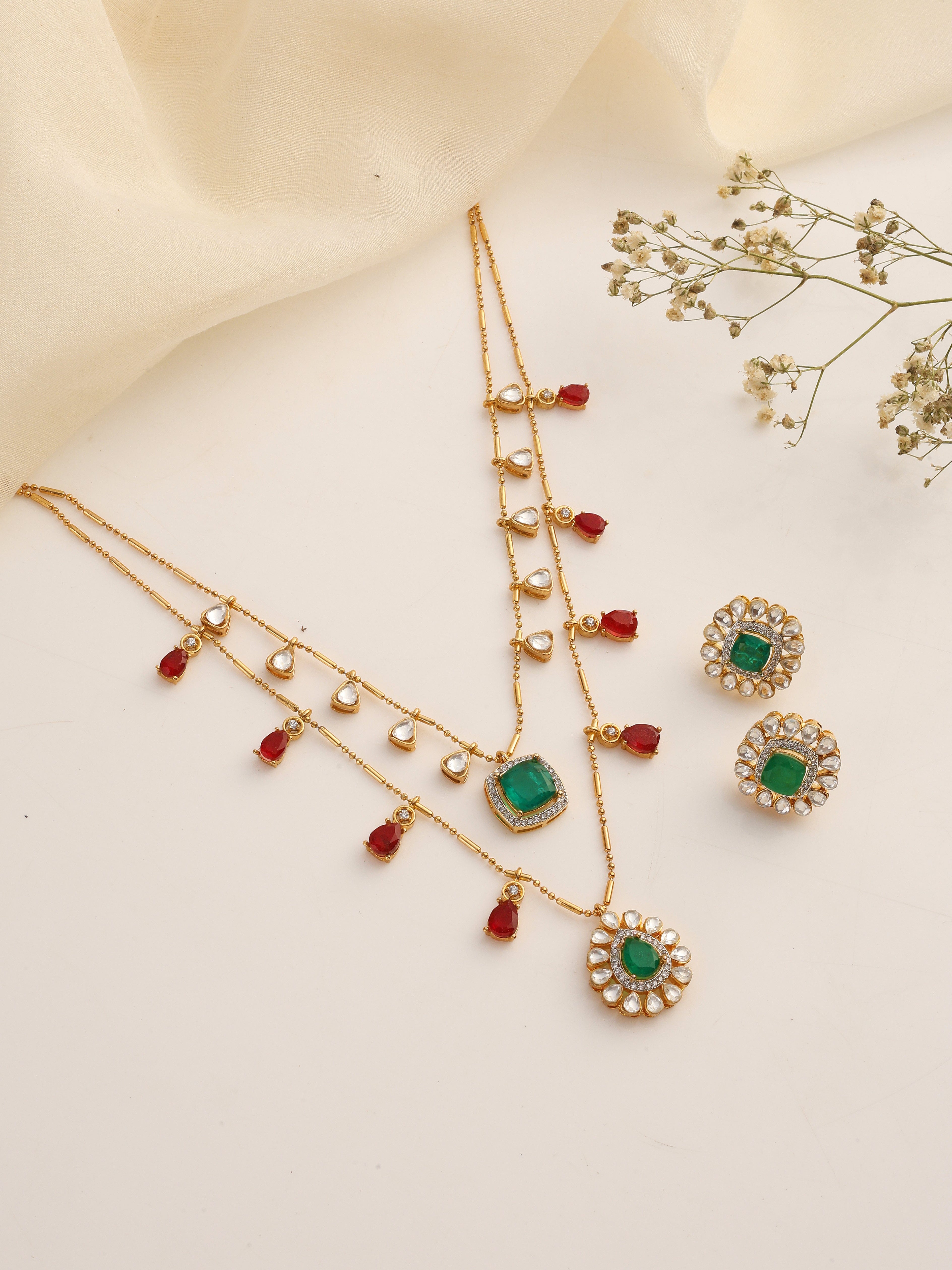 Emerald & Ruby Layered Kundan Necklace Set