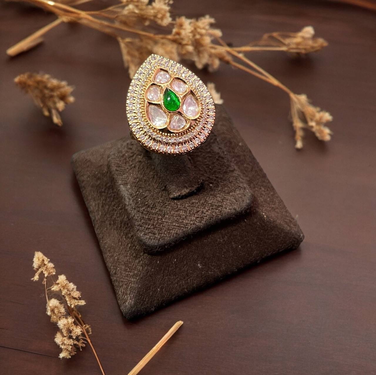 Emerald Teardrop Kundan Cocktail Ring- Adjustable