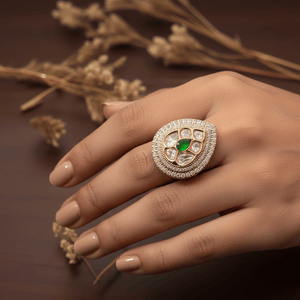 Emerald Teardrop Kundan Cocktail Ring- Adjustable