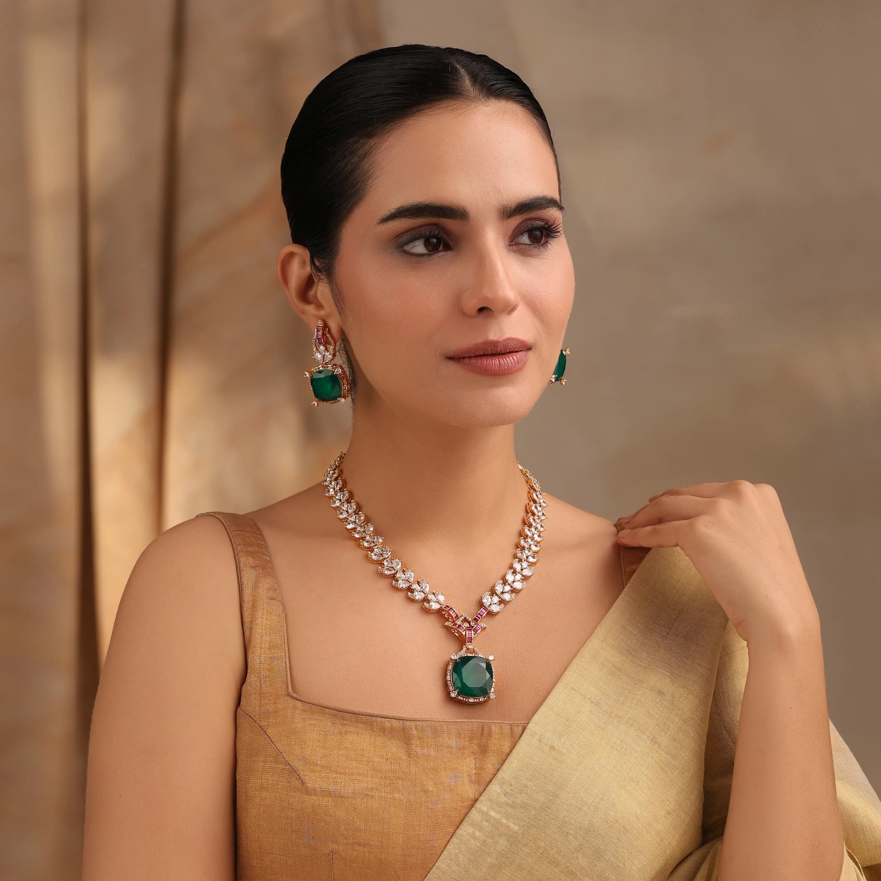 Emerald Zoya Long  Necklace Set (Necklace + Earrings)