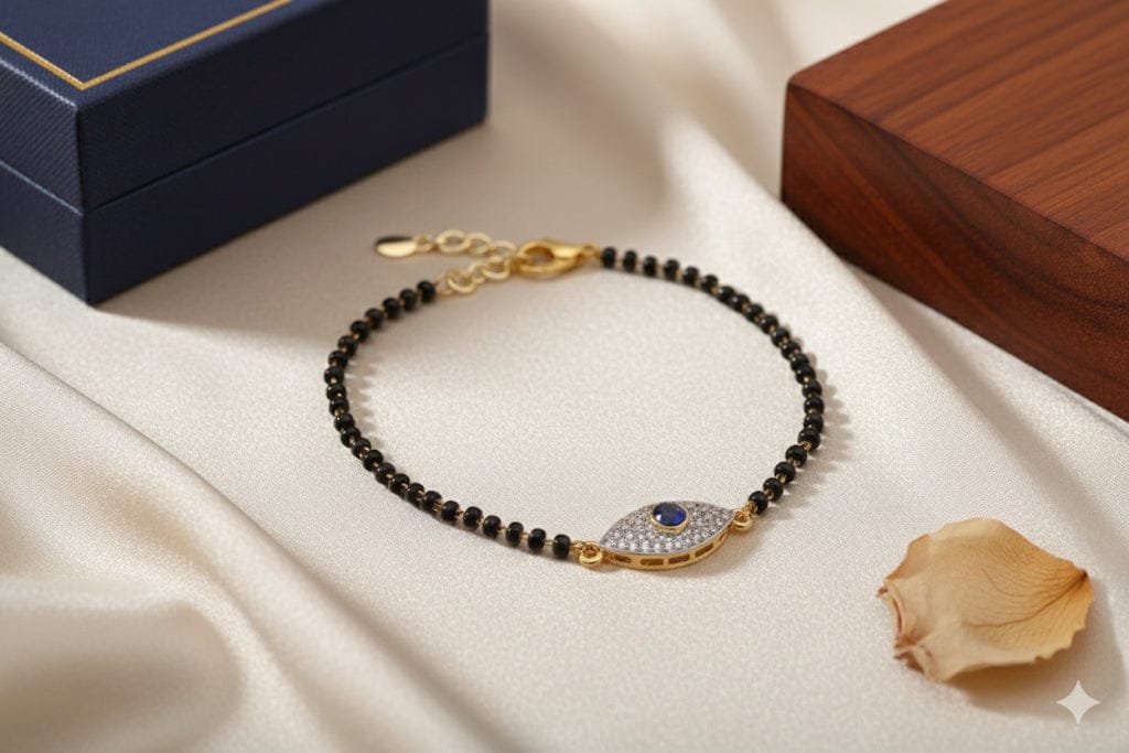 Evil Eye Mangalsutra Bracelet with CZ Diamonds – Black Beads