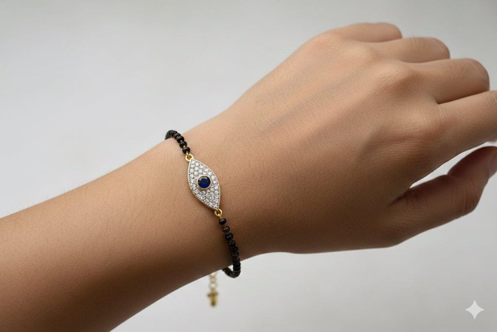 Evil Eye Mangalsutra Bracelet with CZ Diamonds – Black Beads