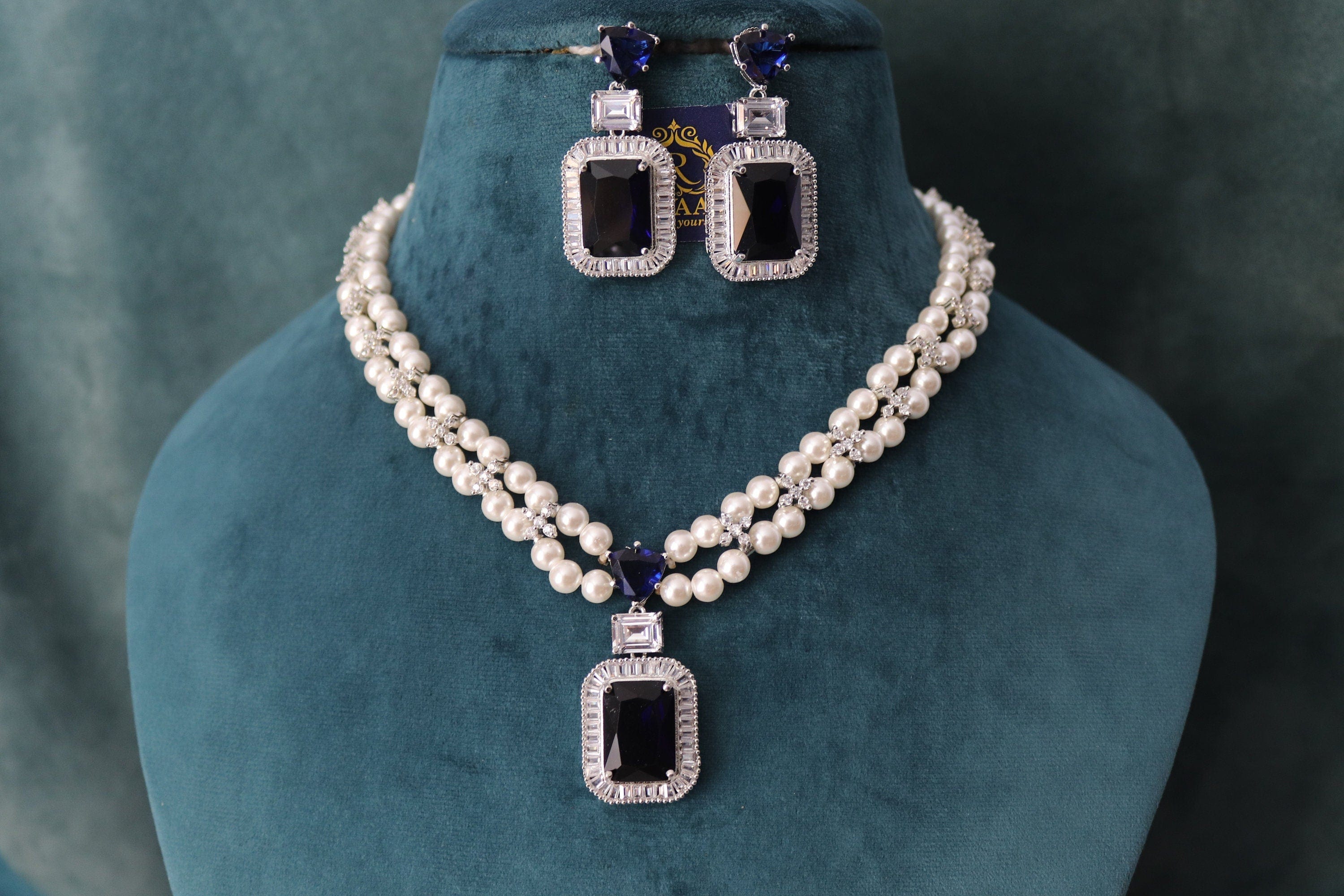 GlambyRivaaz Clearance Sale Sold Out Sapphire Pearl Diamond CZ Necklace  Statement Jewelry American Diamond Statement Necklace Indian Jewelry blue CZ Necklace Indian