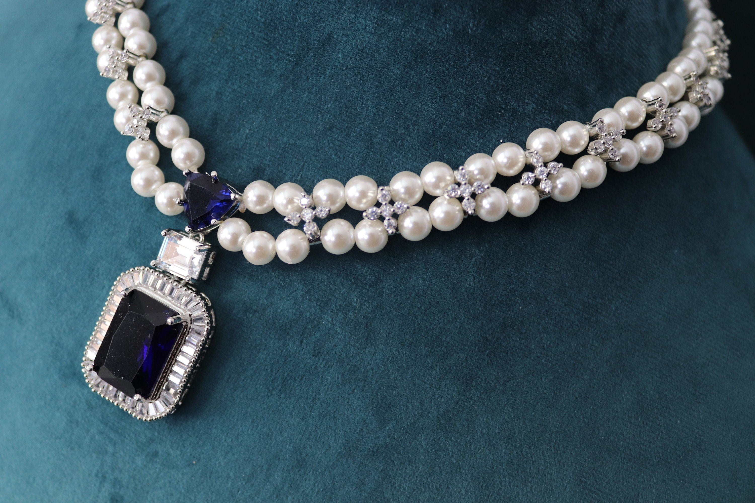 GlambyRivaaz Clearance Sale Sold Out Sapphire Pearl Diamond CZ Necklace  Statement Jewelry American Diamond Statement Necklace Indian Jewelry blue CZ Necklace Indian