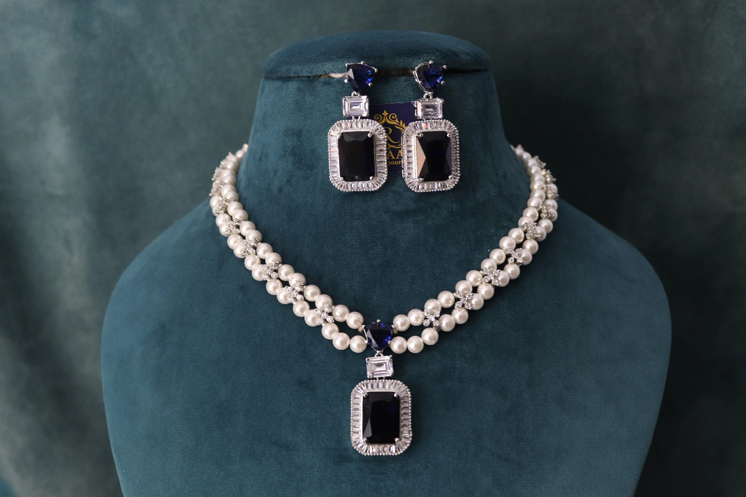 GlambyRivaaz Clearance Sale Sold Out Sapphire Pearl Diamond CZ Necklace  Statement Jewelry American Diamond Statement Necklace Indian Jewelry blue CZ Necklace Indian