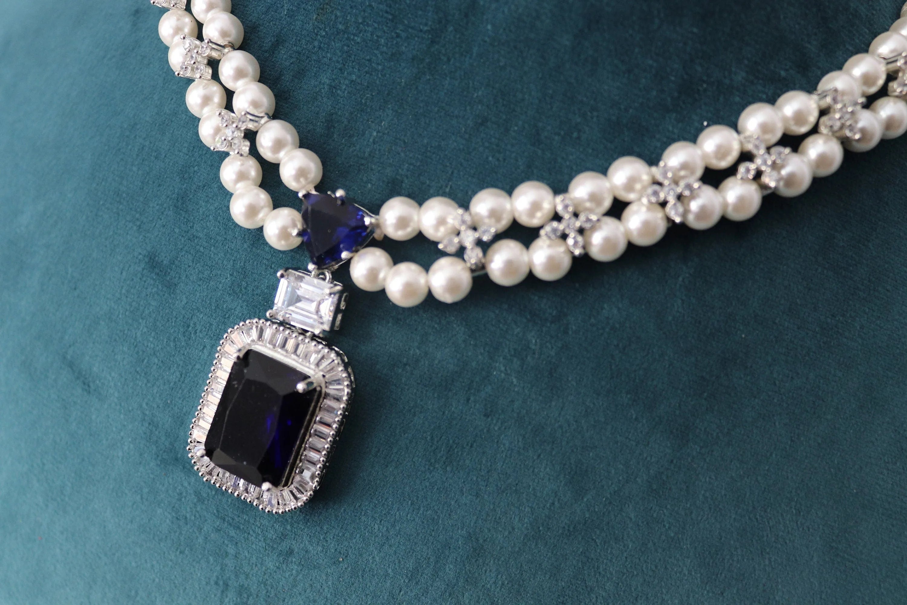 GlambyRivaaz Clearance Sale Sold Out Sapphire Pearl Diamond CZ Necklace  Statement Jewelry American Diamond Statement Necklace Indian Jewelry blue CZ Necklace Indian