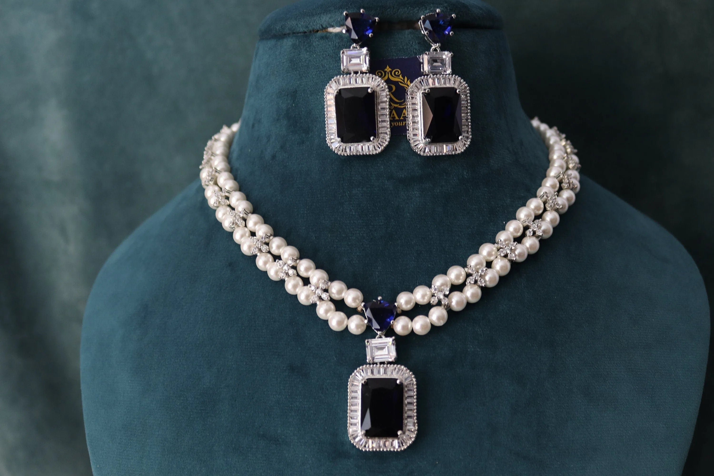 GlambyRivaaz Clearance Sale Sold Out Sapphire Pearl Diamond CZ Necklace  Statement Jewelry American Diamond Statement Necklace Indian Jewelry blue CZ Necklace Indian