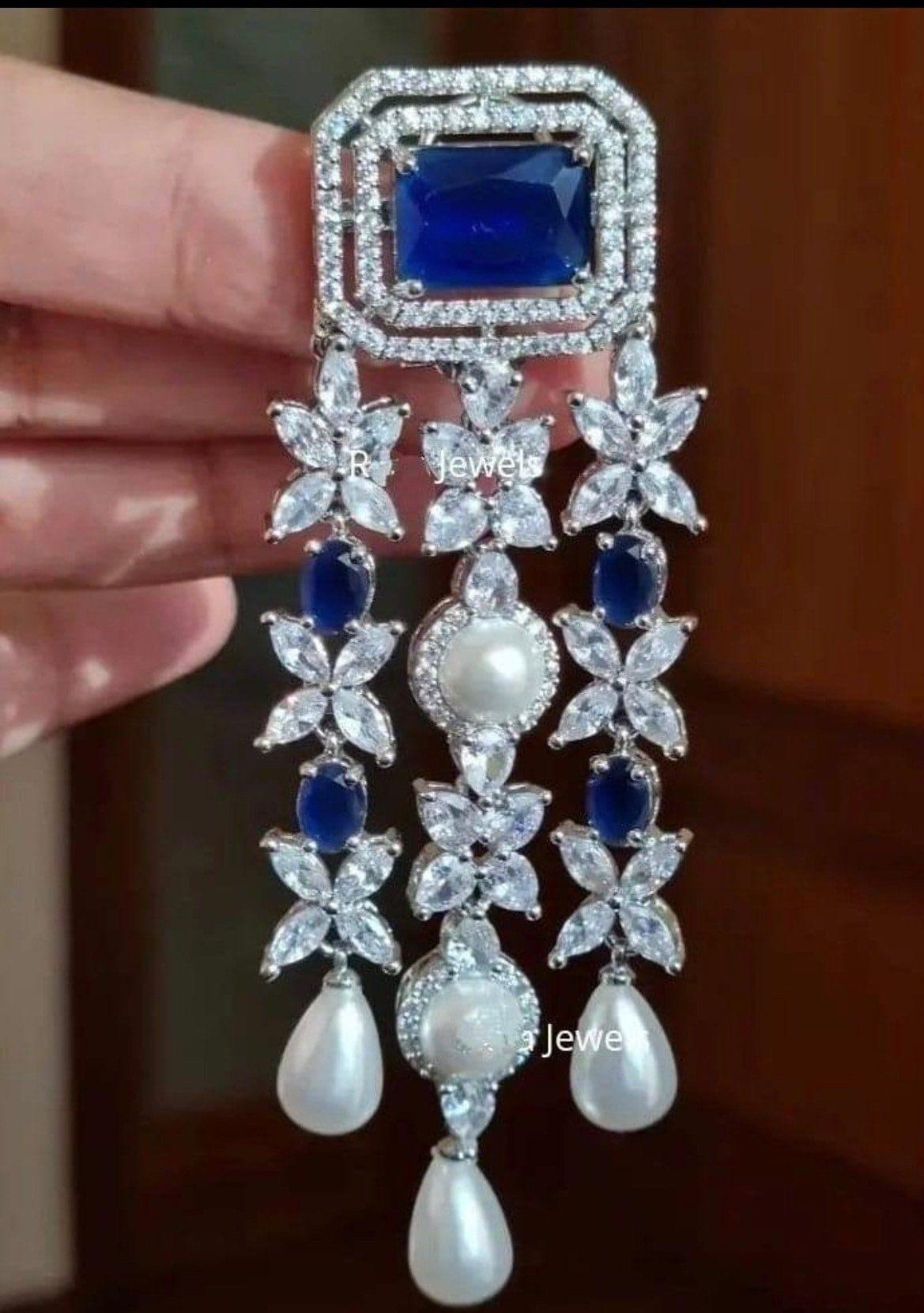 GlambyRivaaz Earrings Vanya Sapphire CZ Pearl Dangle Earrings