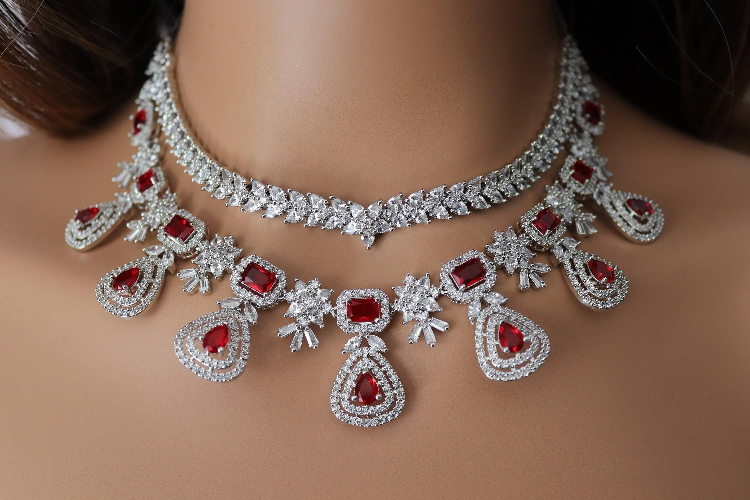 GlambyRivaaz Necklaces Two Layer Ruby Red Diamond CZ Necklace