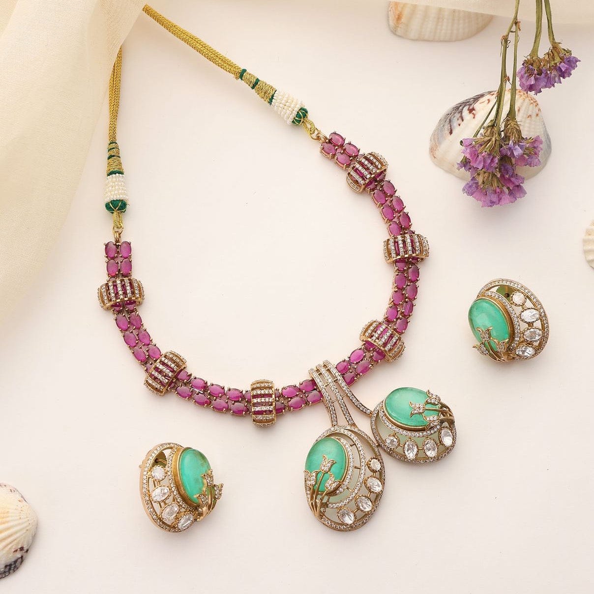 Gulbahar Mint Ruby Polki Necklace Set with Earrings