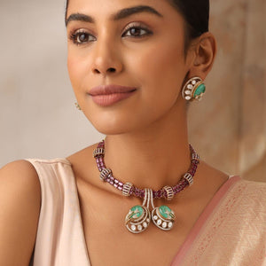 Gulbahar Mint Ruby Polki Necklace Set with Earrings