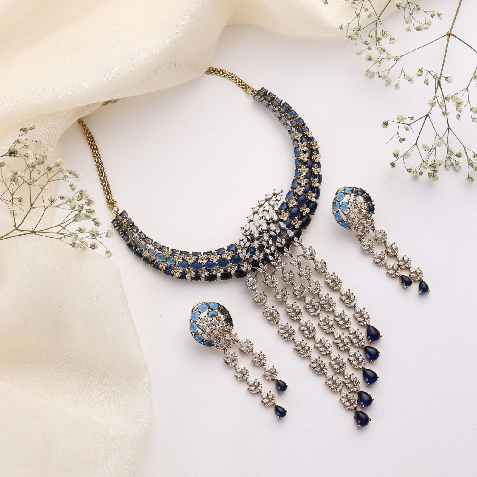 Gulnaar Blue Necklace Set with Earrings