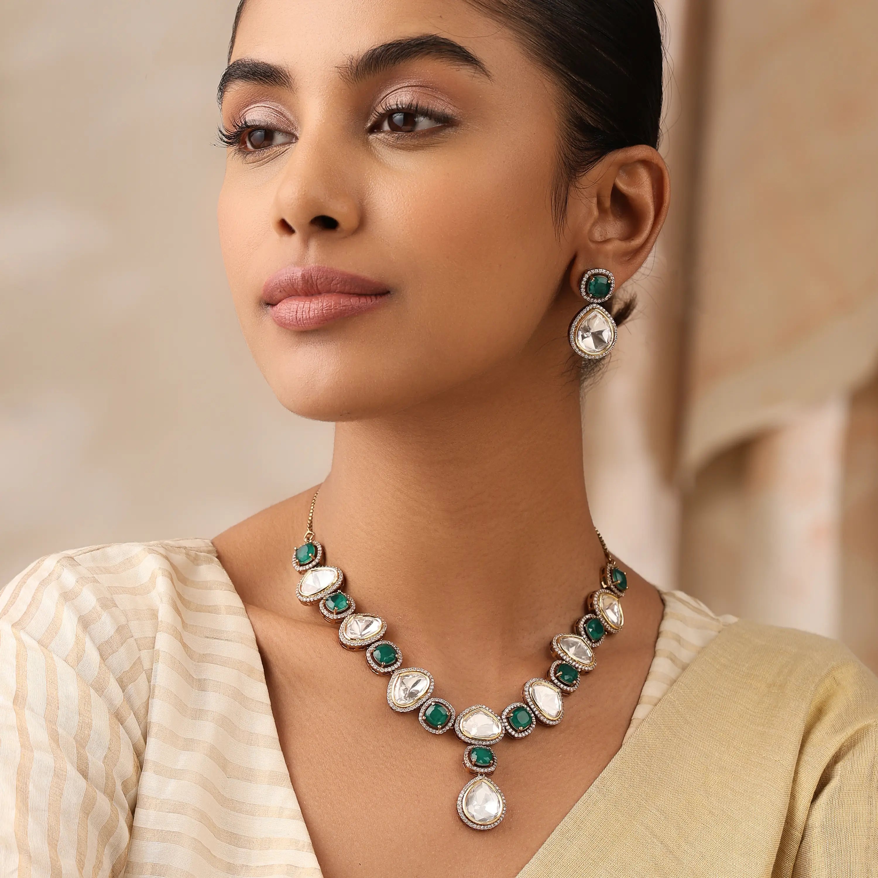 Harita Emerald Kundan Necklace Set with Earrings